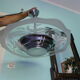 Art deco chandelier from the 1920s with transparent and opalized glass, silver metal structure