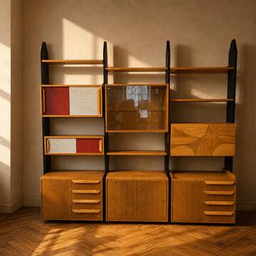 Meuble mural modulaire tchécoslovaque vintage avec armoires en placage et supports en bois noir, années 1960–1970