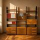 Meuble mural modulaire tchécoslovaque vintage avec armoires en placage et supports en bois noir, années 1960–1970