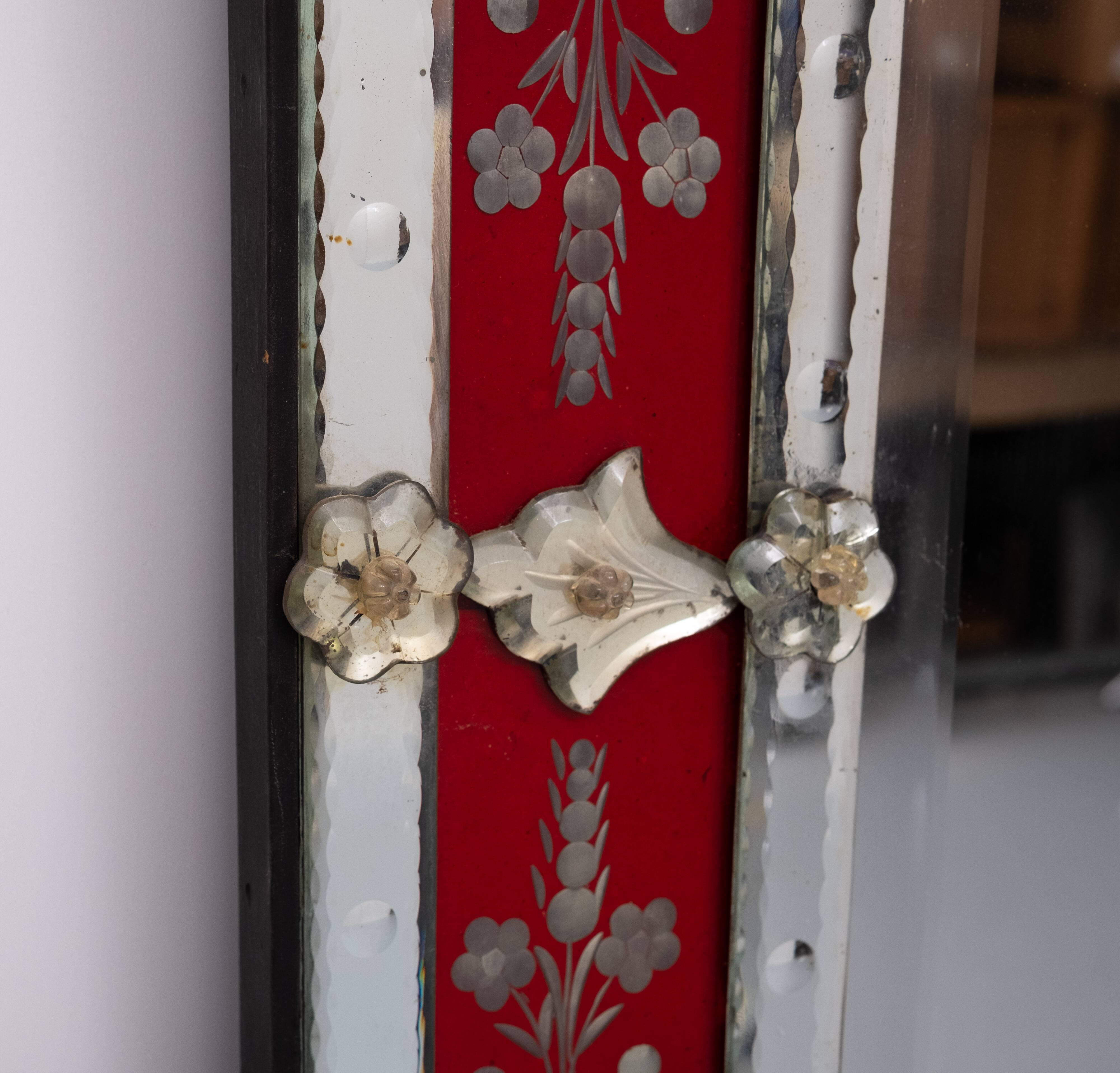Large Vintage Venetian Red Glass Etched Wall Mirror