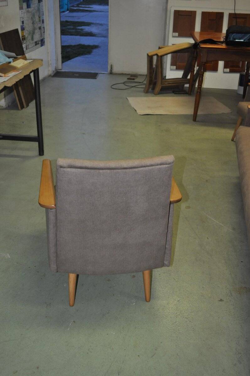 Pair of grey fabric lounge chairs with lacquered armrests and wood - 1960s