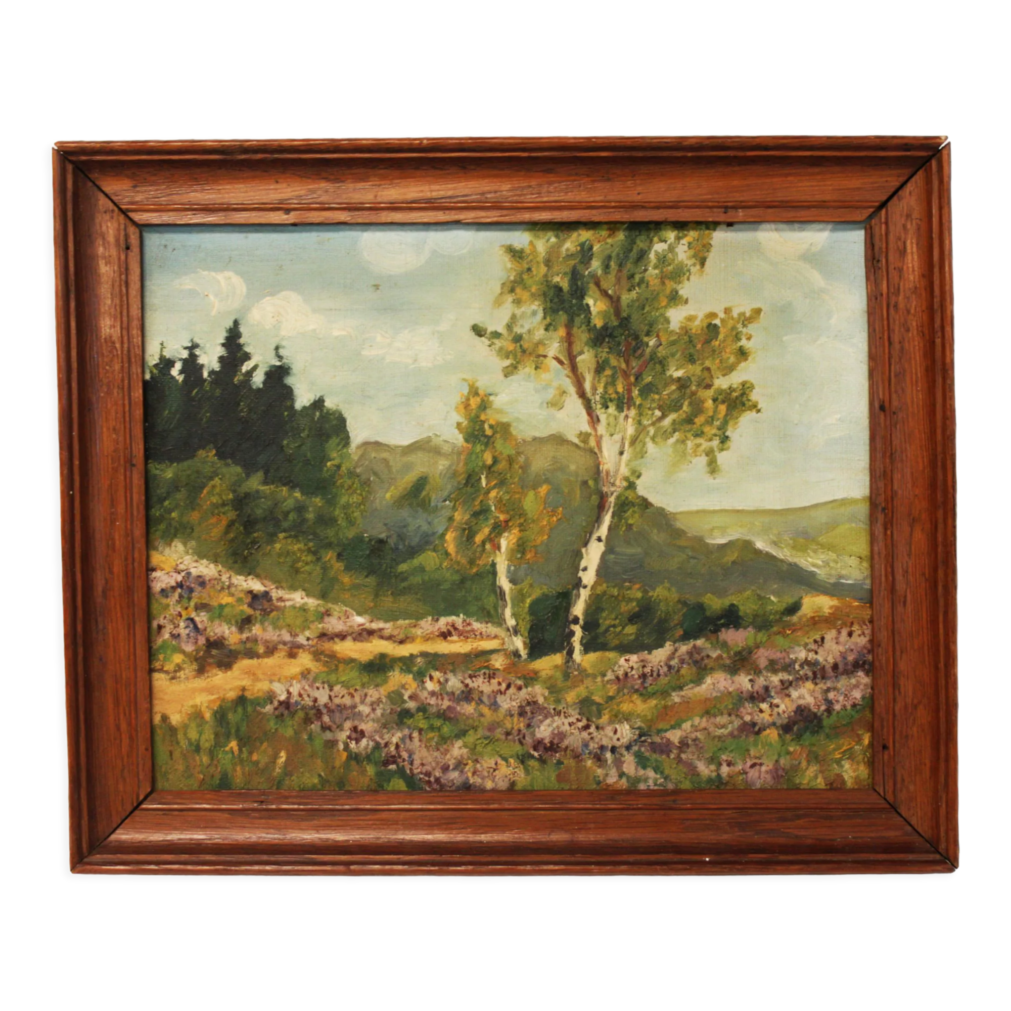 Oil on canvas depicting a wooded landscape.