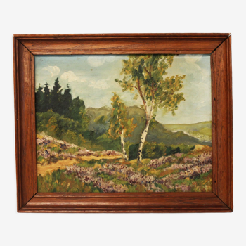 Oil on canvas depicting a wooded landscape.