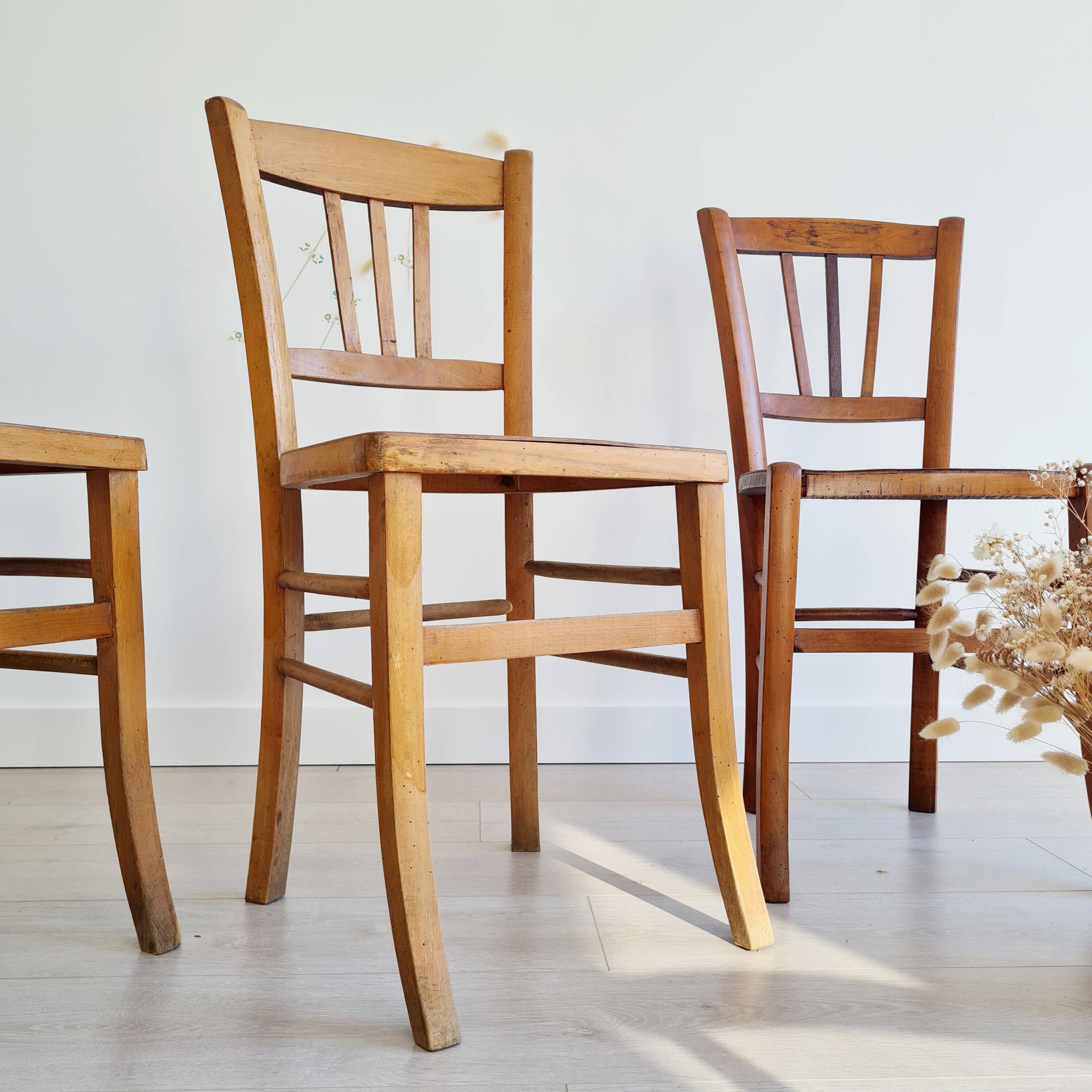 3 old wooden bistro chairs