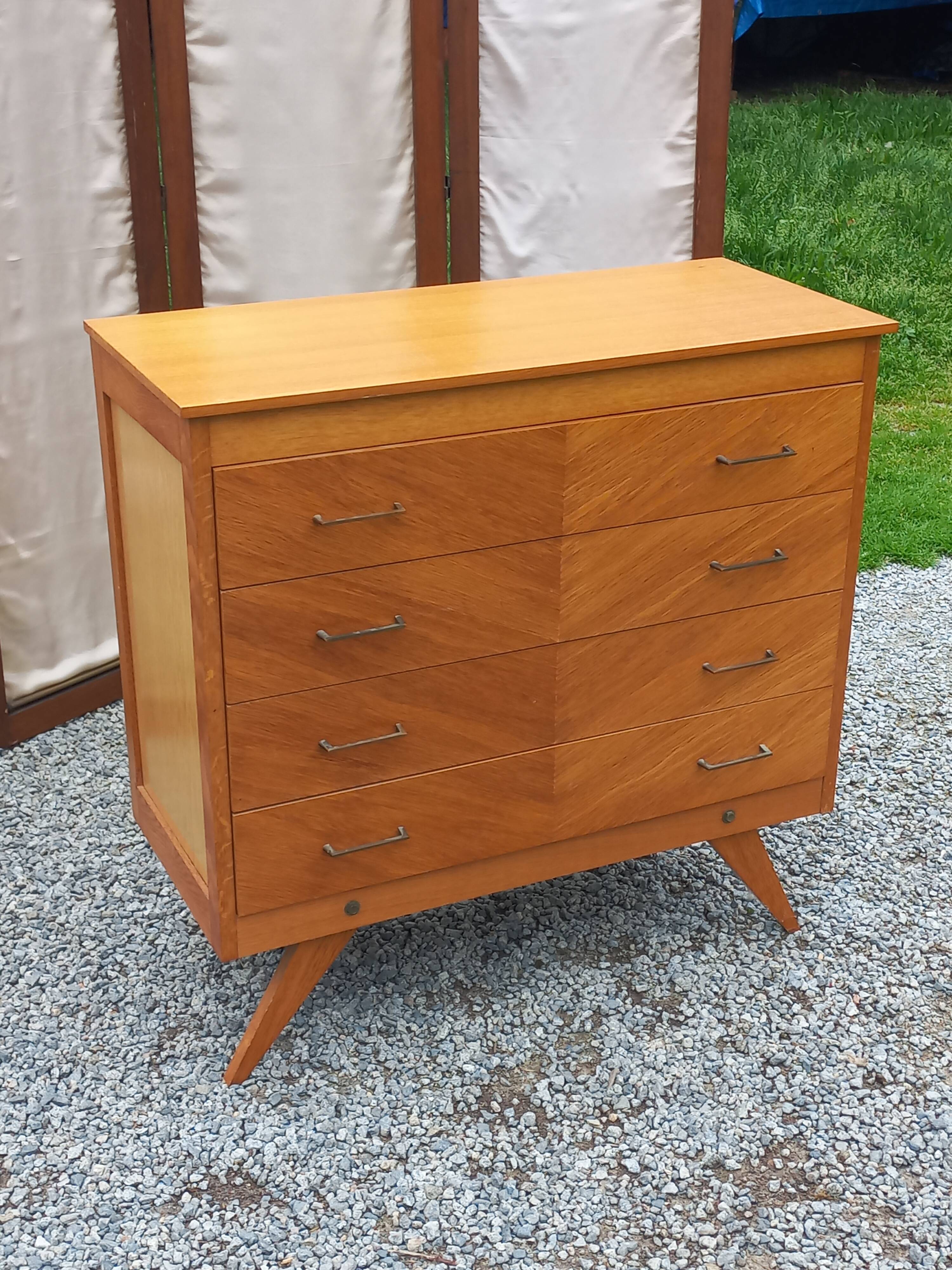 Vintage chest of drawers in blond and golden oak, compass legs and 4 drawers, 1950s