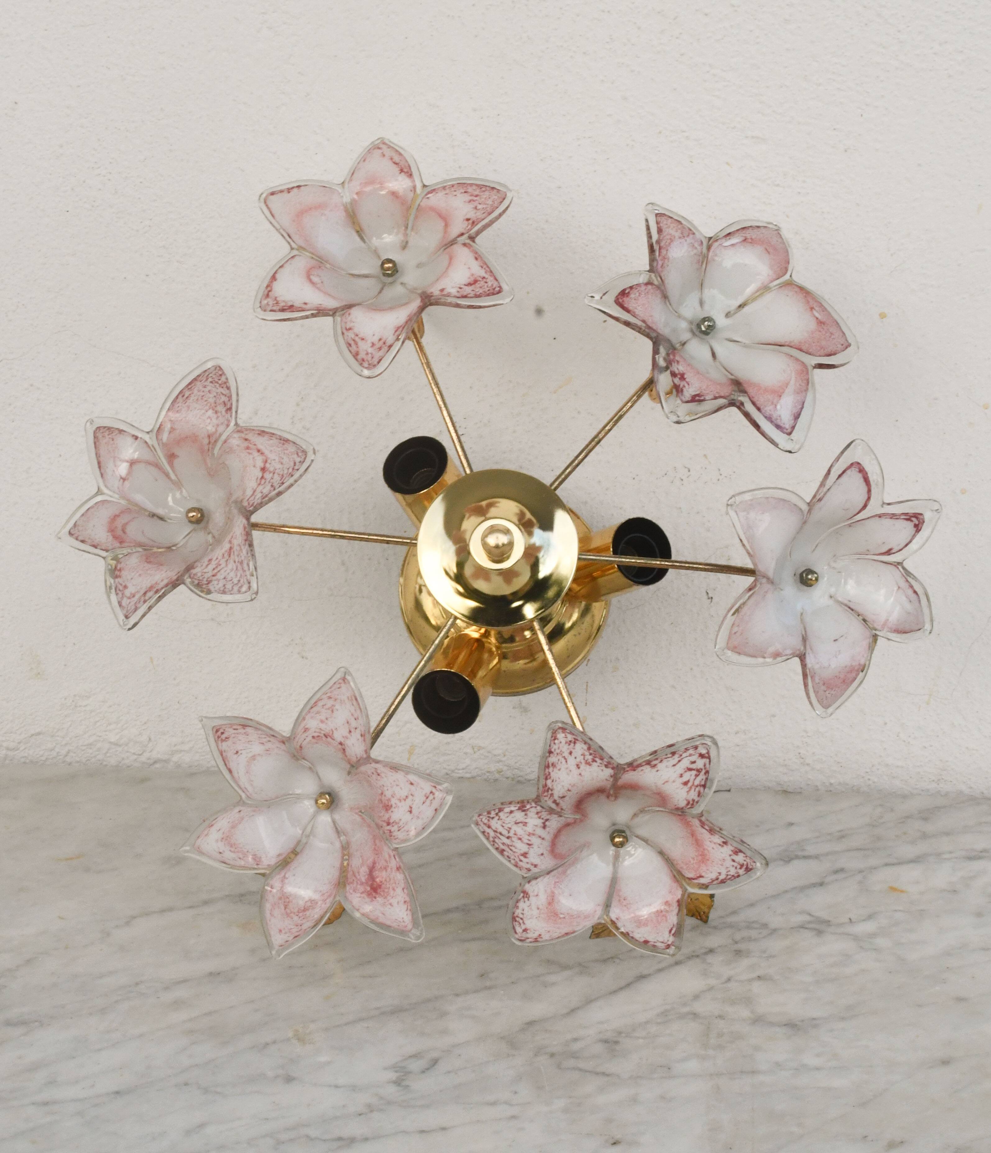 Set of 2 Charming Murano Vintage Ceiling Light Pink Flowers, 1970s