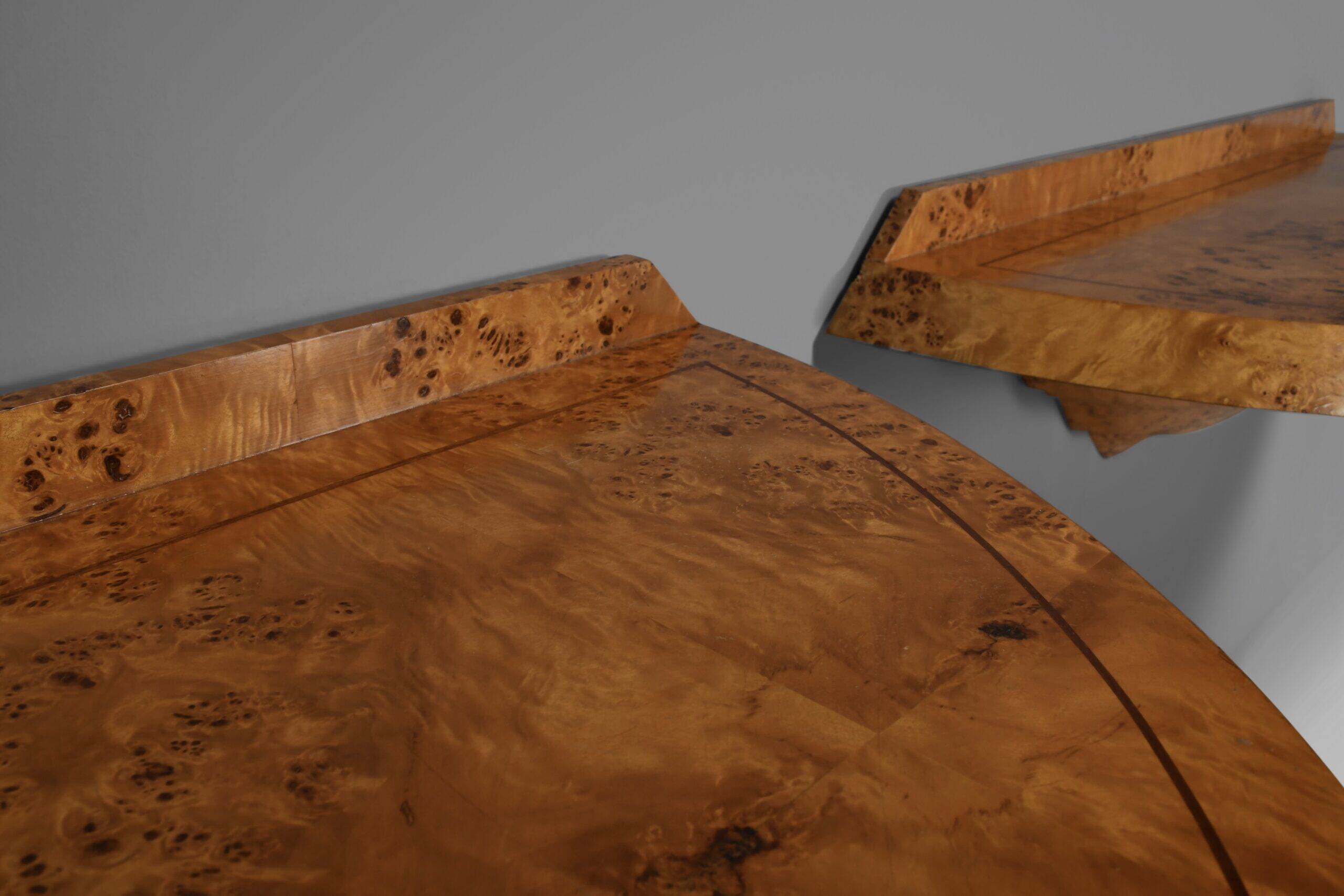 Elegant pair of Art Deco consoles in burl wood