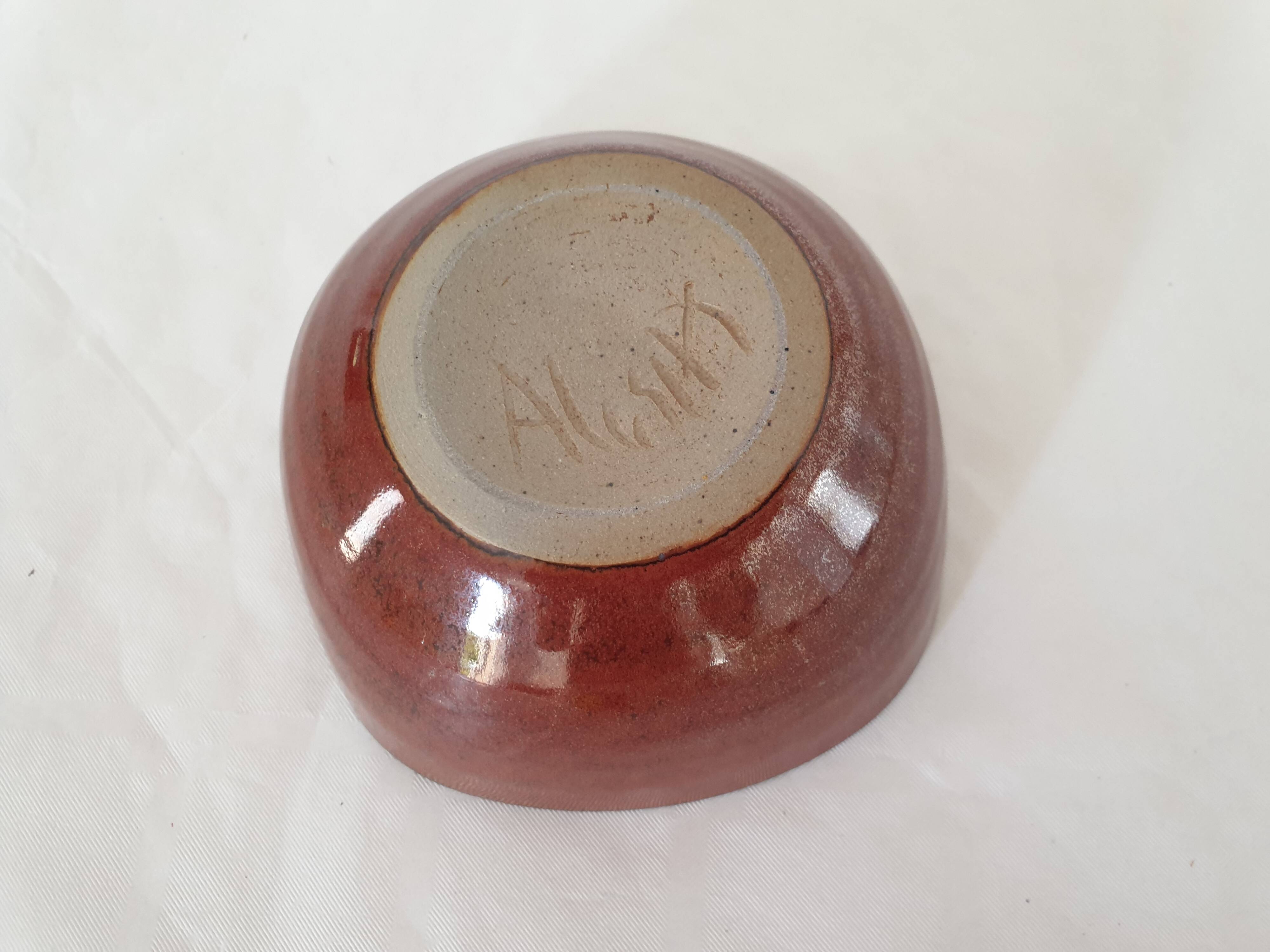 Glazed ceramic bowl / cup Blue interior Signed Alésia