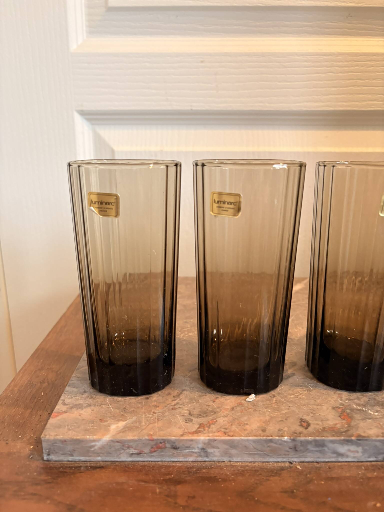 Vintage Lot of 6 Striped Smoky Black Glasses LUMINARC