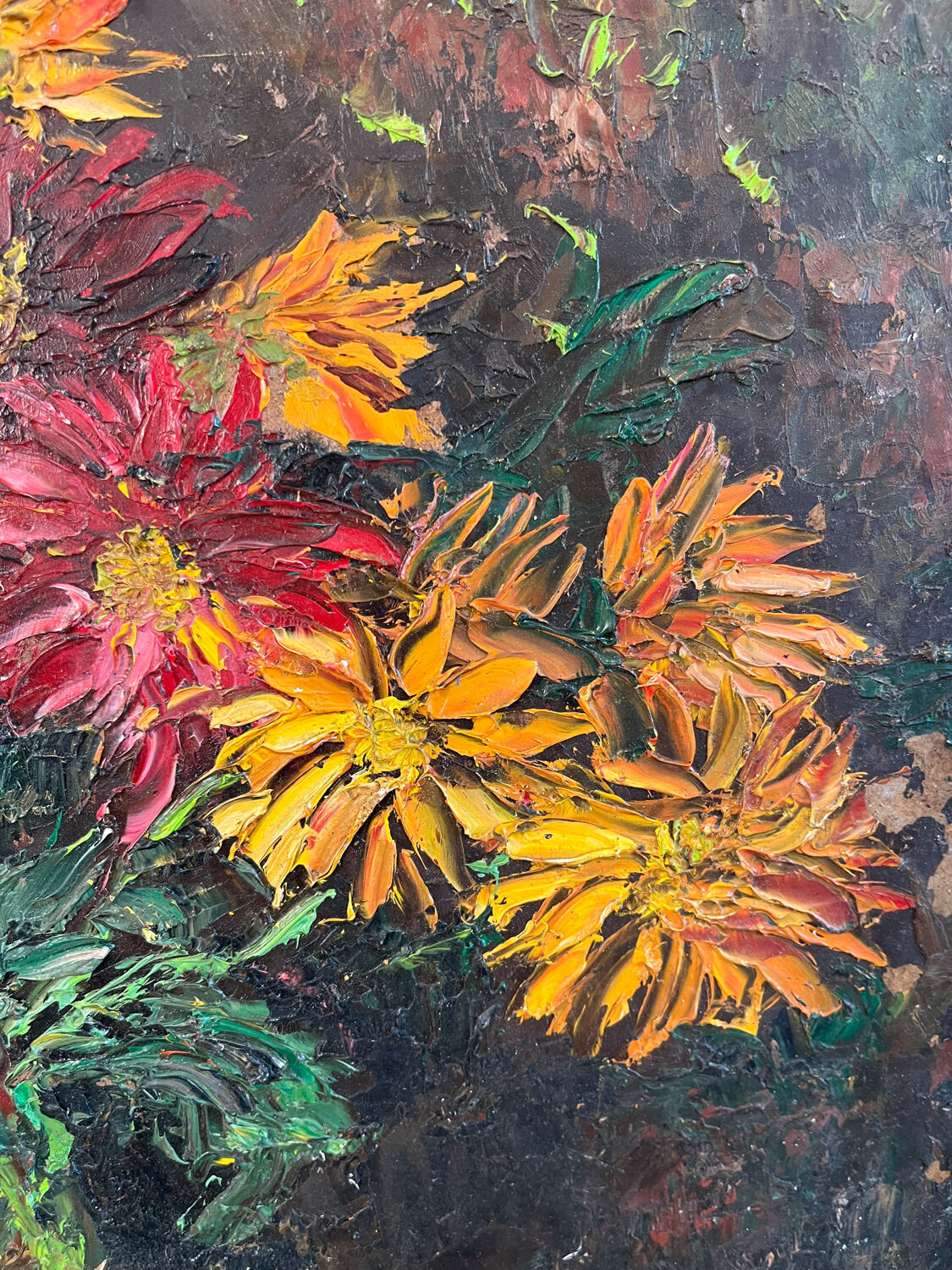 Bouquet avec plateau et bougeoir, technique couteau sur panneau bois