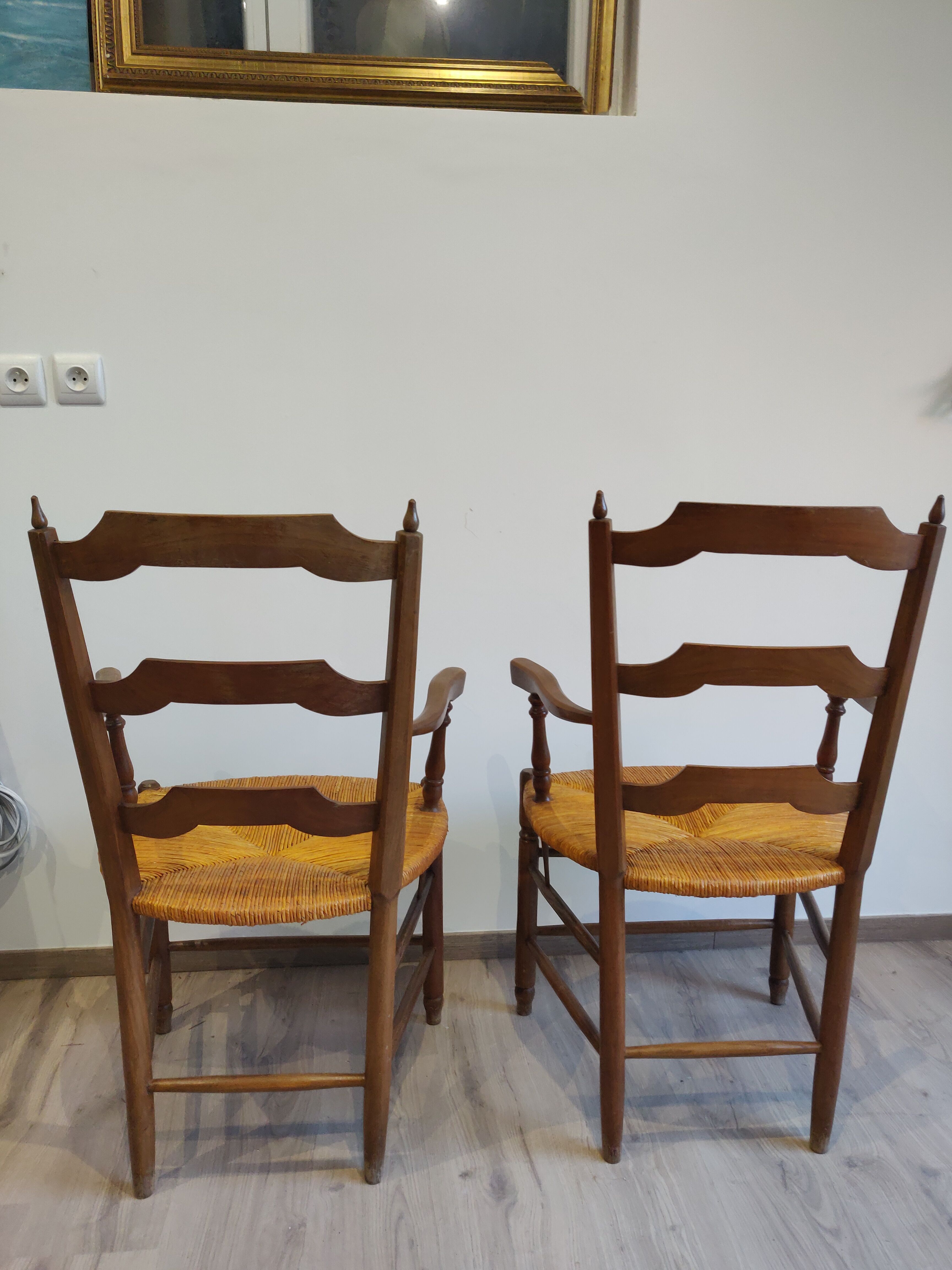 Paire de fauteuils bois paillé neo rustique circa 1950