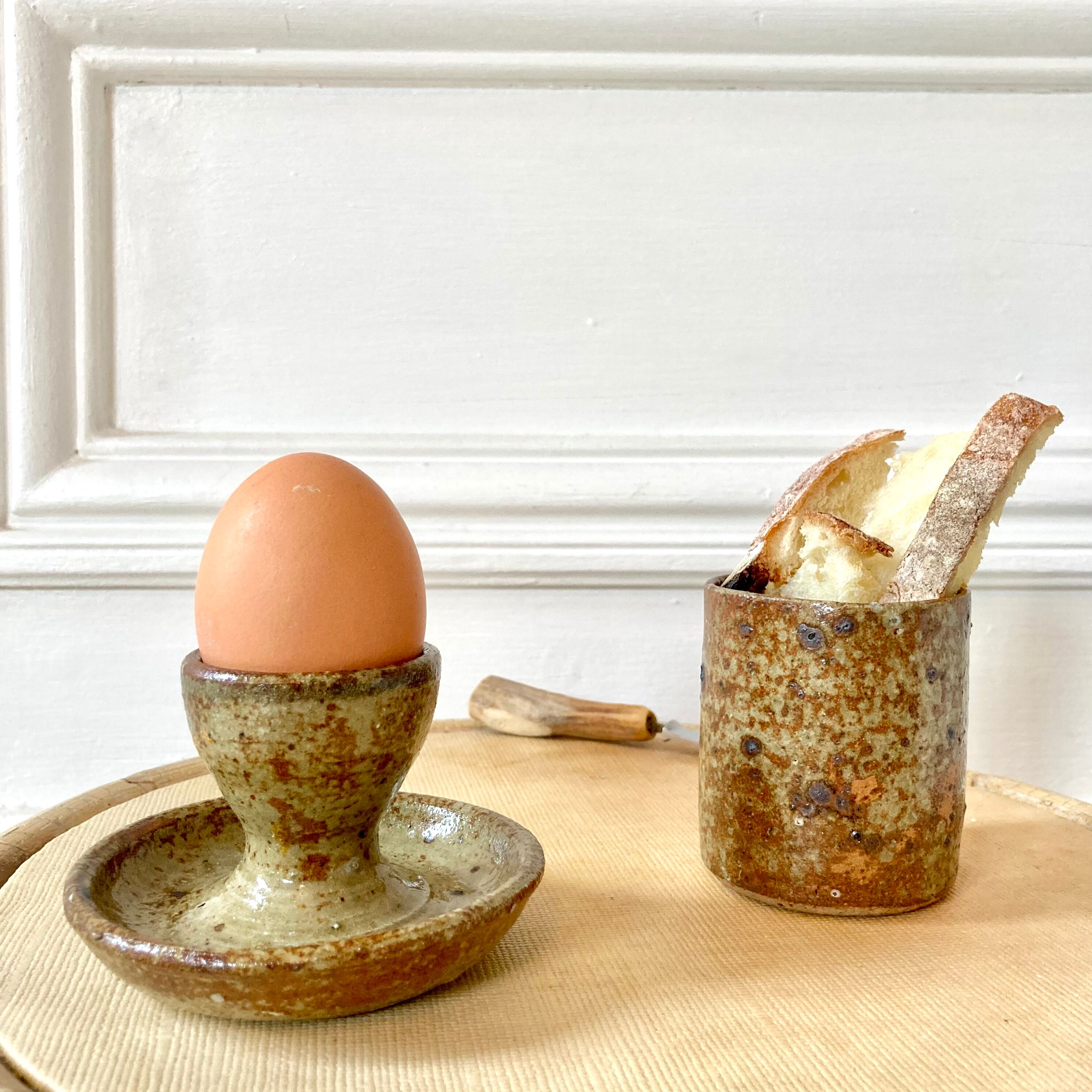 Egg cup and bowl set in pyrite stoneware