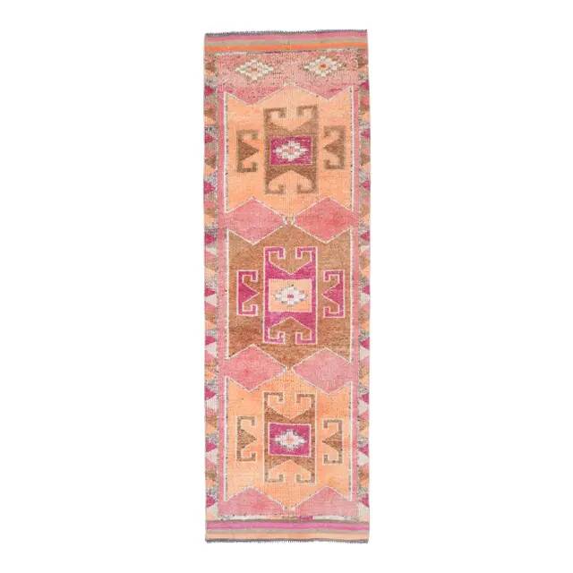 Vintage Turkish Hand-Knotted Wool Cotton Pink Runner 101x333