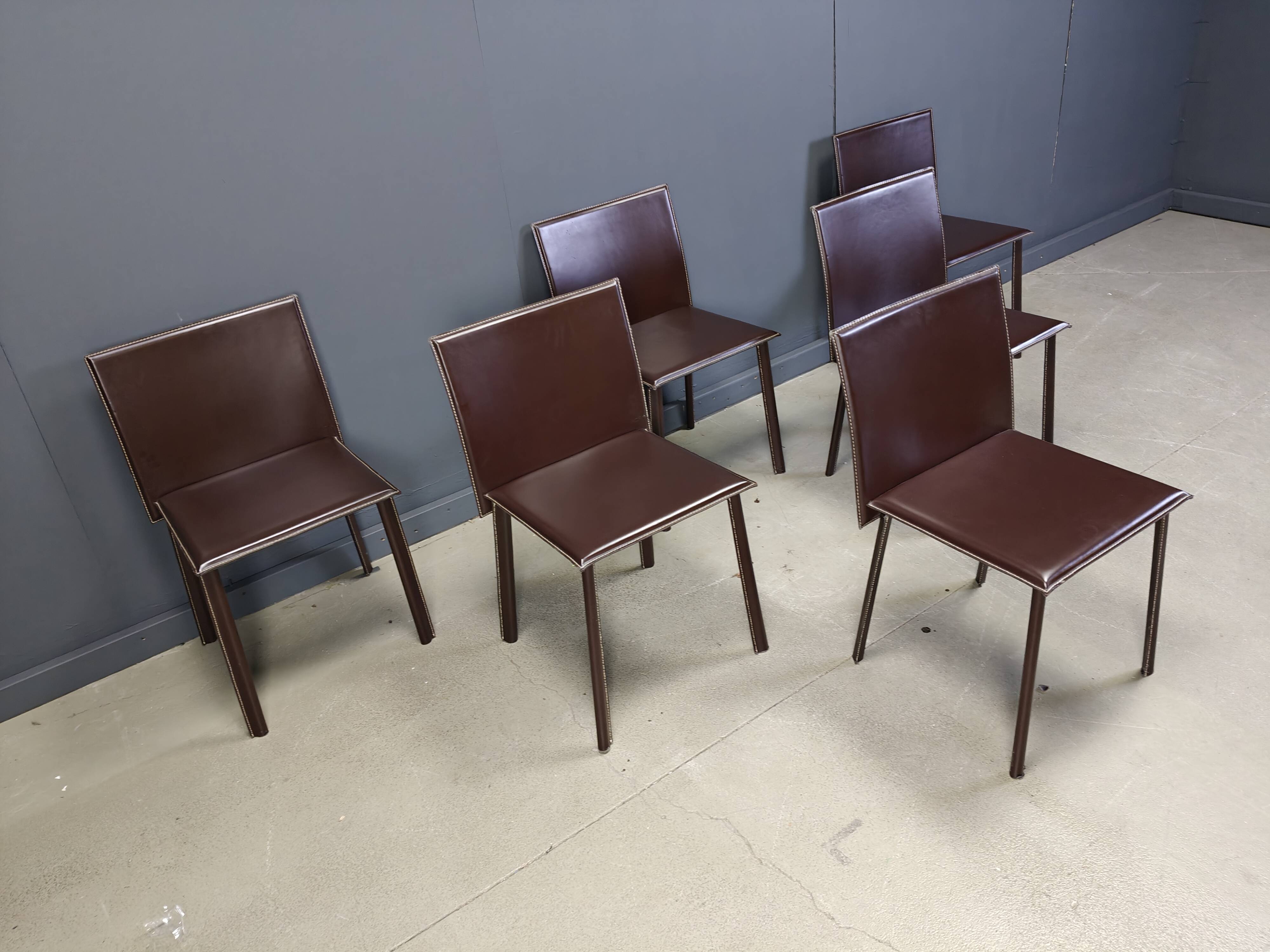 Vintage brown leather dining chairs, set of 6, 1980s