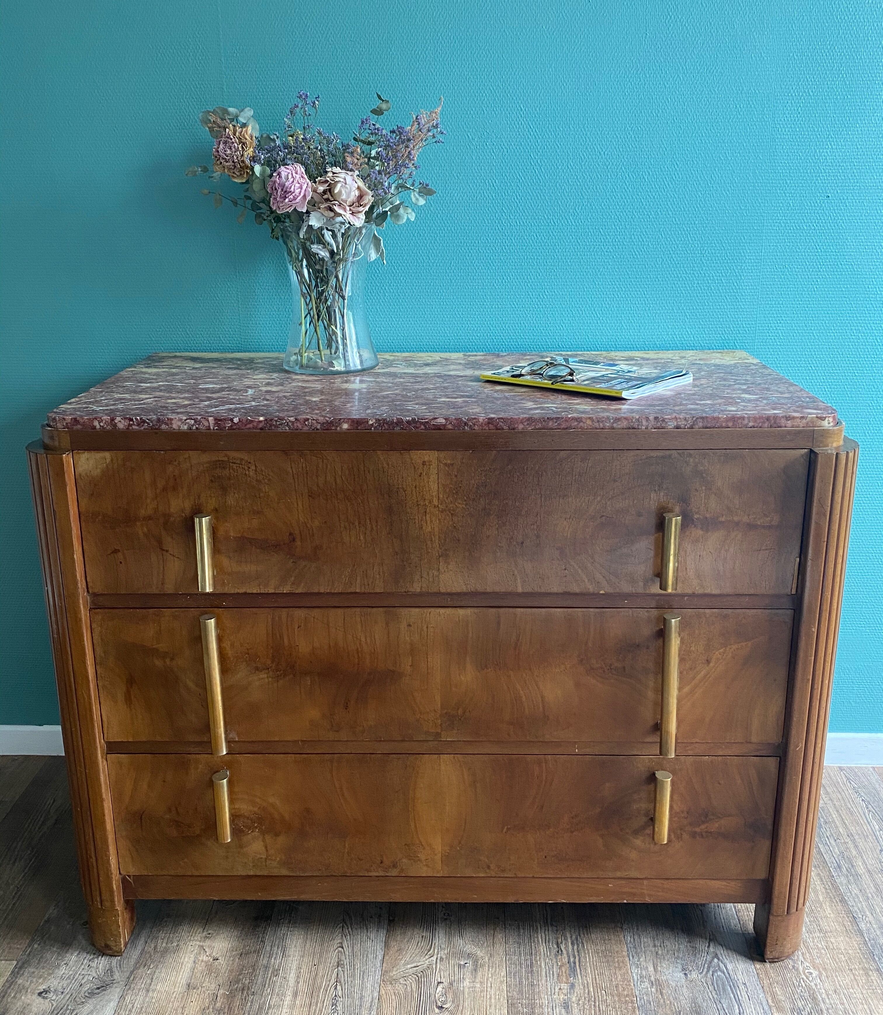 Art deco dresser, top pink marble 30s