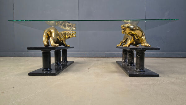 Table basse jaguar en laiton et marbre, années 1970
