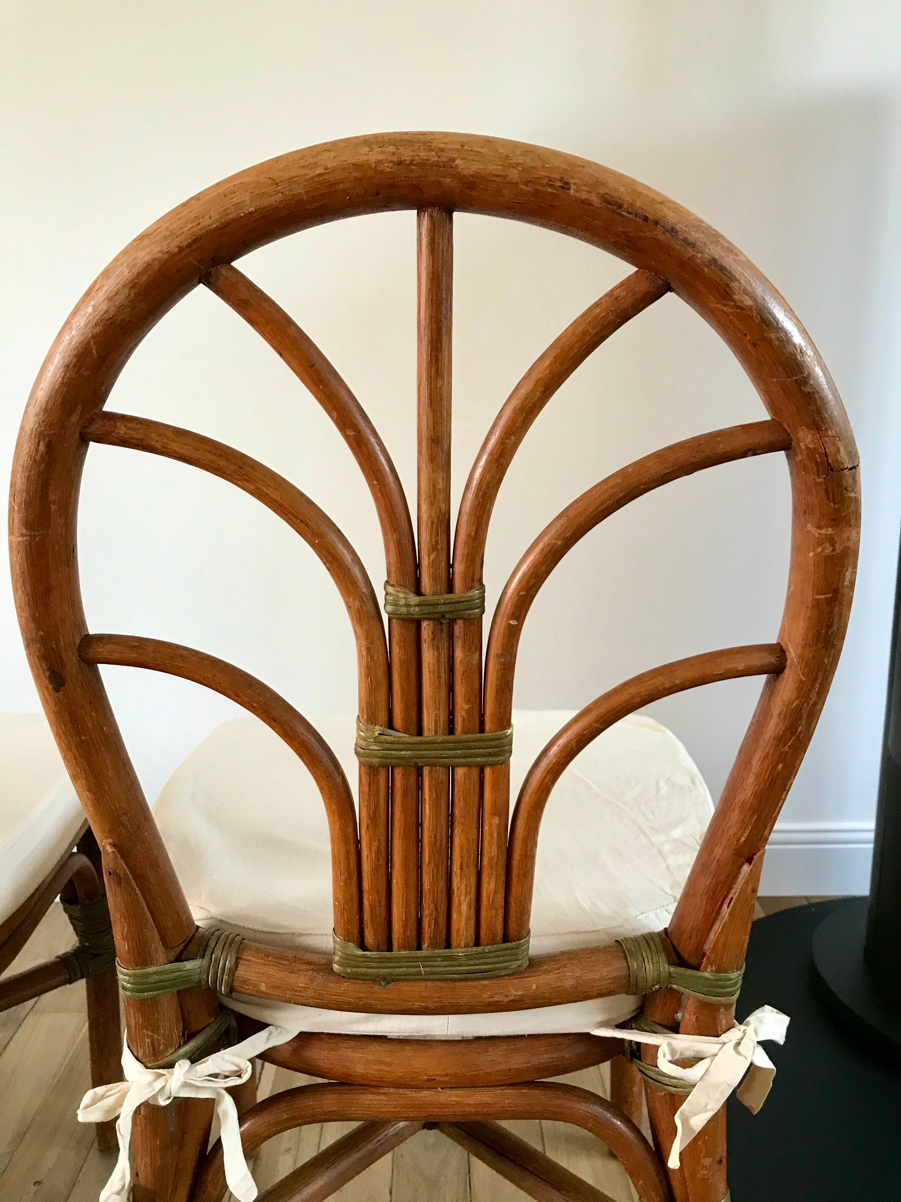 Set of 3 rattan / bamboo chairs with cushions years 1960-1970