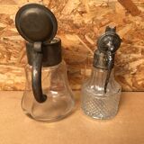 Pair of cast glass & vintage metal refresher pitcher