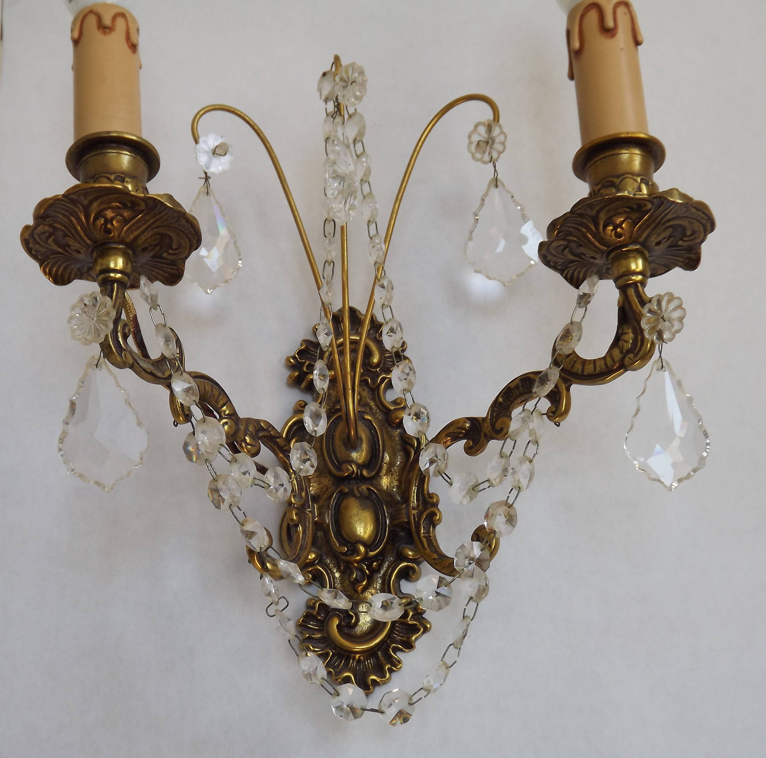 Pair of French Baroque Double Bronze Crystal Wall Lights Glass Bead Swags