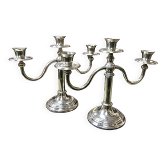 Pair of 3-branched candlesticks in silver metal