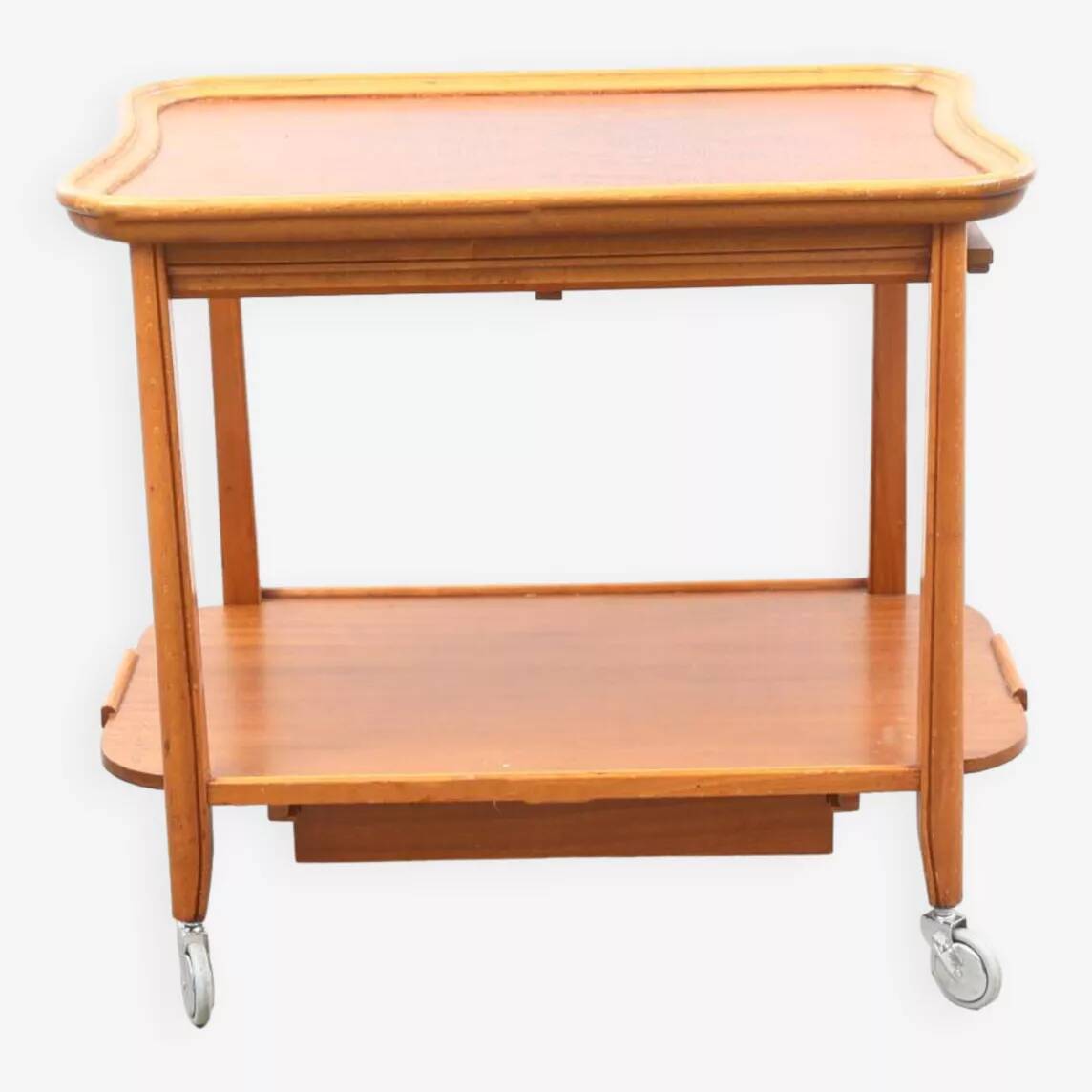 Scandinavian serving table on wheels made of wood and glass, Swedish design 1960.