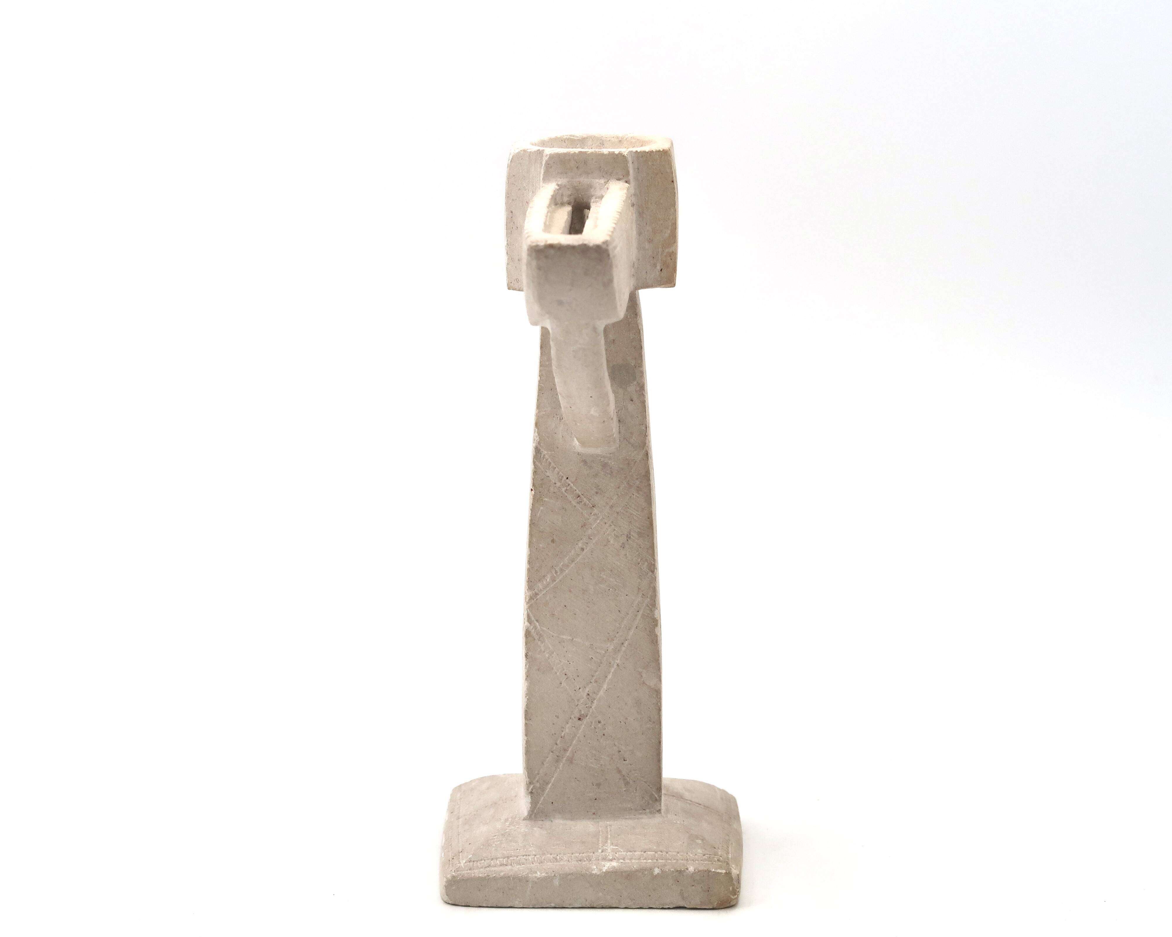 Moroccan candle holder in carved white beige stone, 1970s.