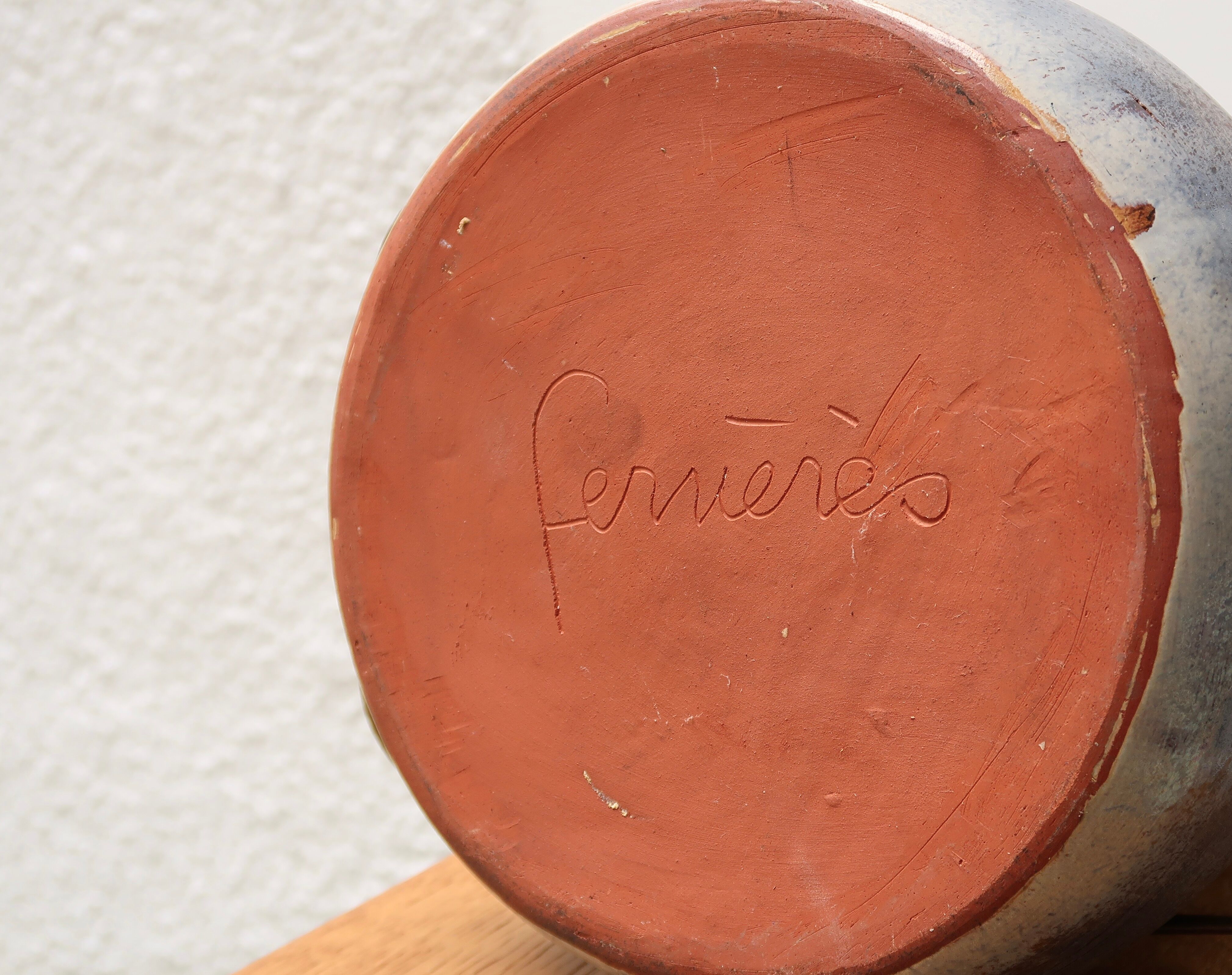 Signed ceramic lamp, raffia lampshade, 70s