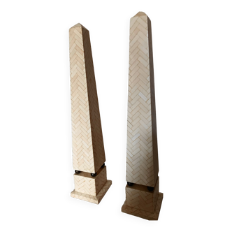 Pair of obelisk in bone marquetry, 70s