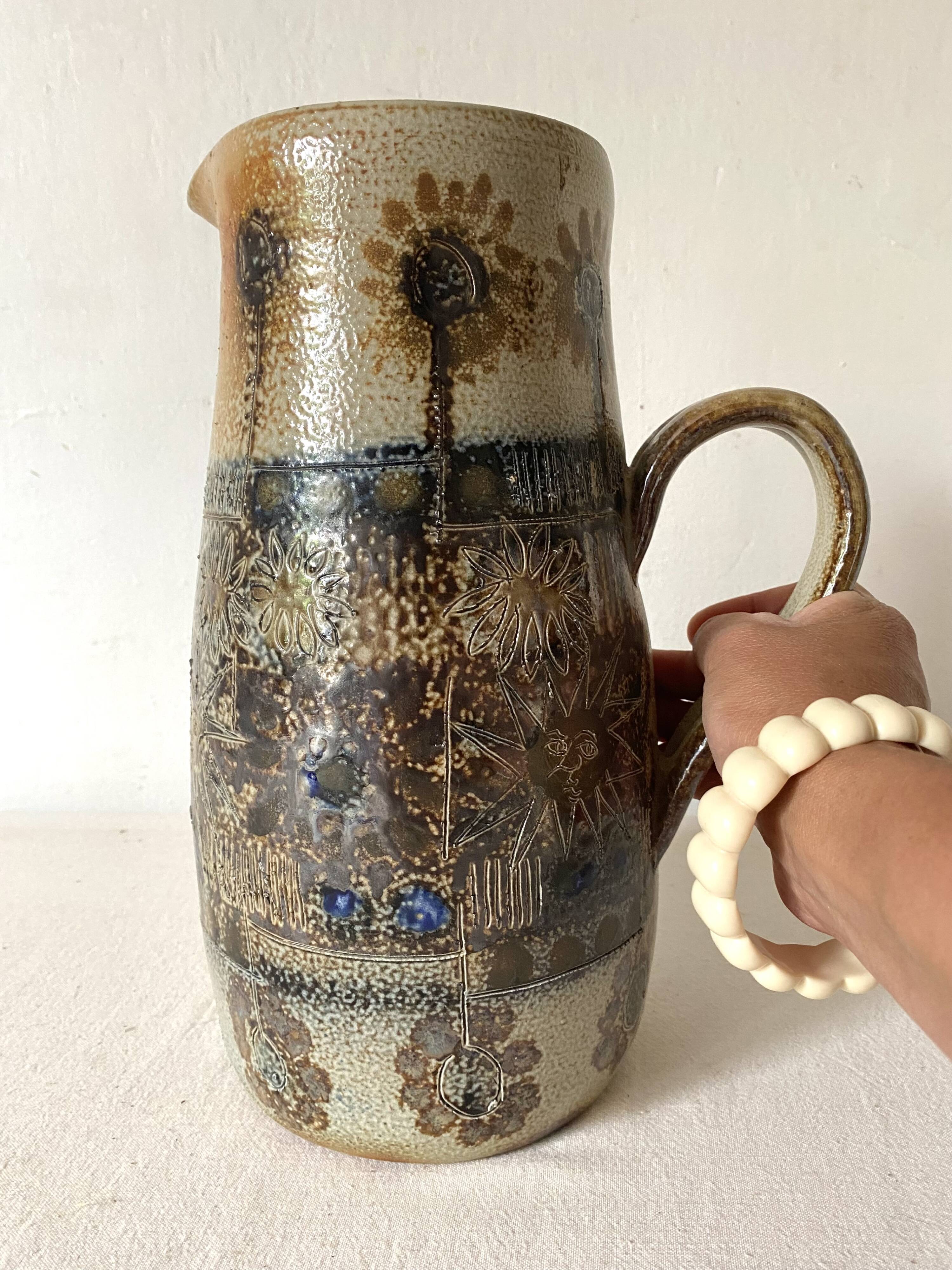 Large enamelled stoneware pitcher JC Courjault Kéraluc signed 31 cm, 1970s