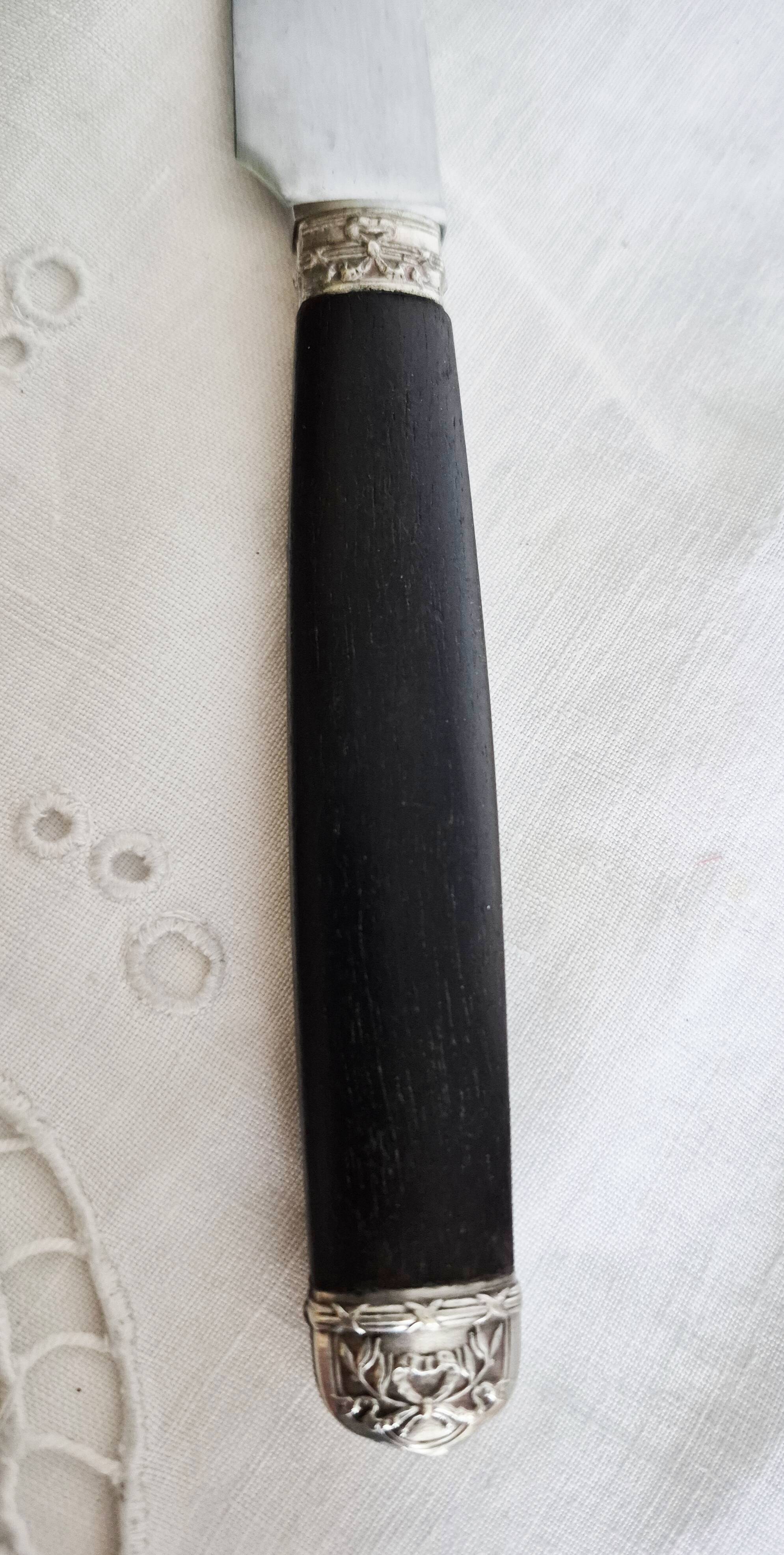 Silver and ebony table knives, stainless steel blade, Louis XVI style