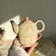 Vintage porcelain teapot and cup set with pink and beige floral and gingham pattern