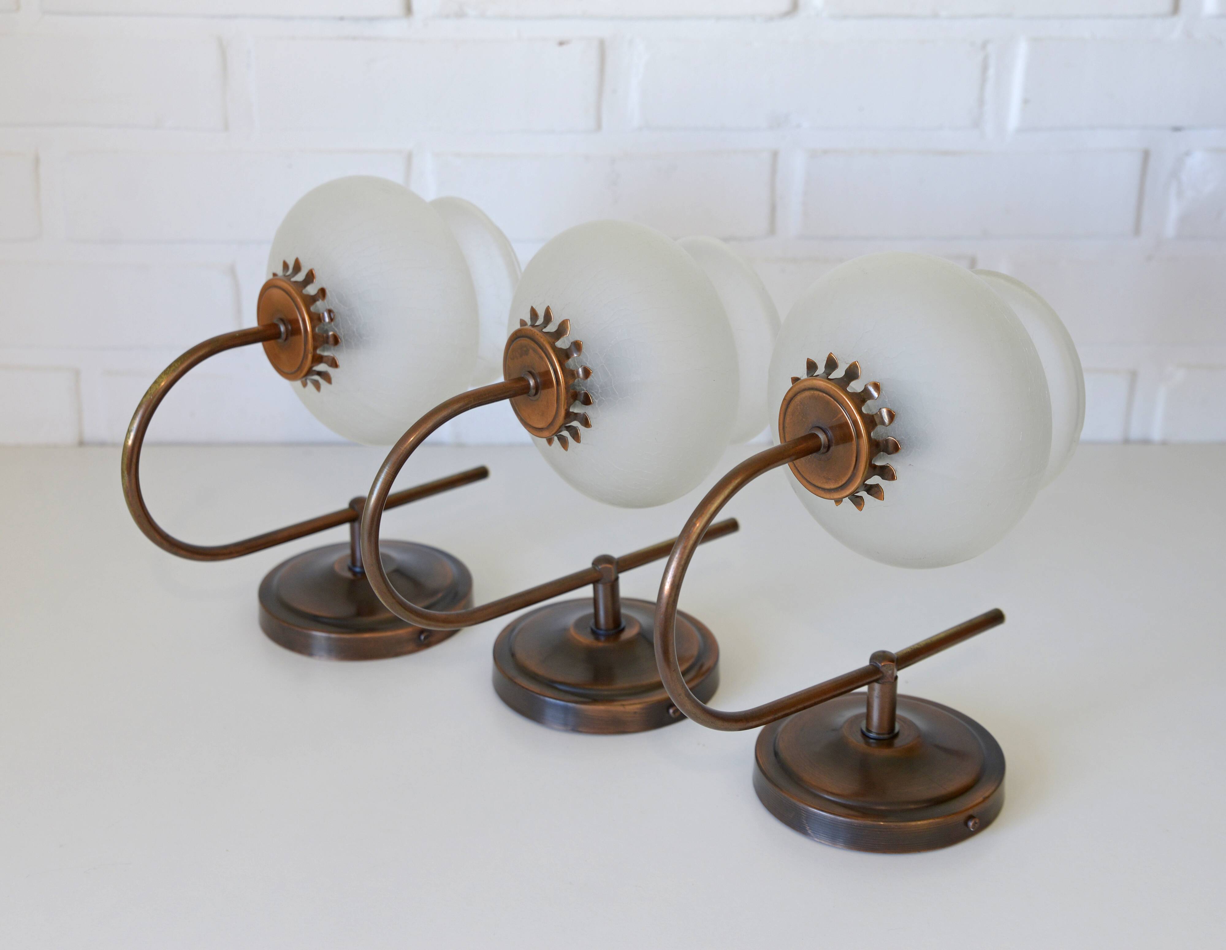 Vintage wall lamps / set of 3 / copper and ice glass rustic sconces