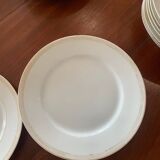 Lot of six flat plates, crockery, old white, gilded