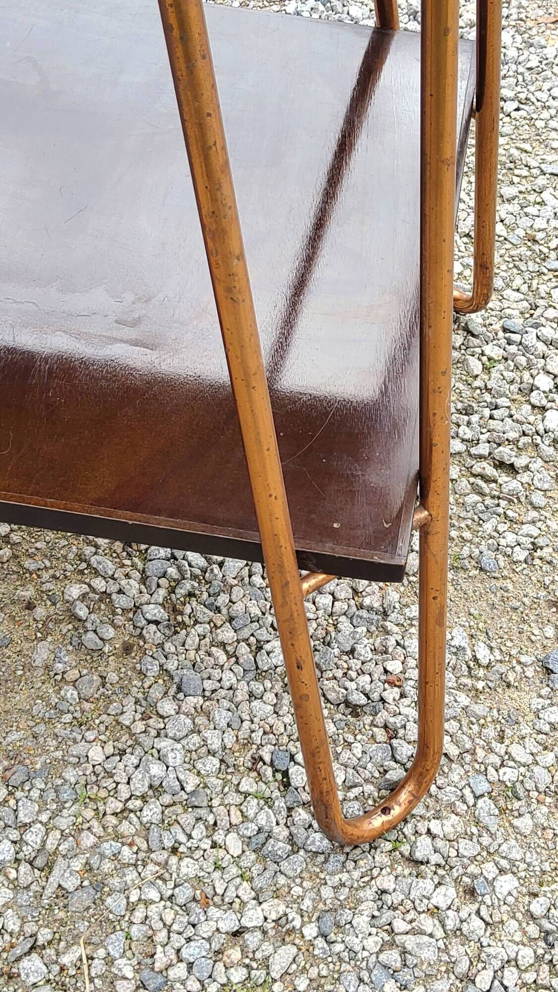 Vintage double wooden side table with copper base from the 50s