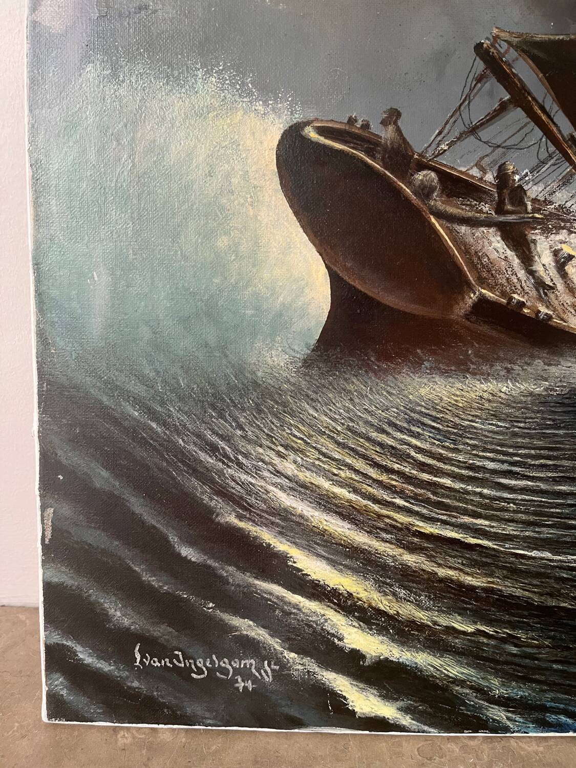 Marine, modern school, oil on canvas signed Van Ingelgam 1974