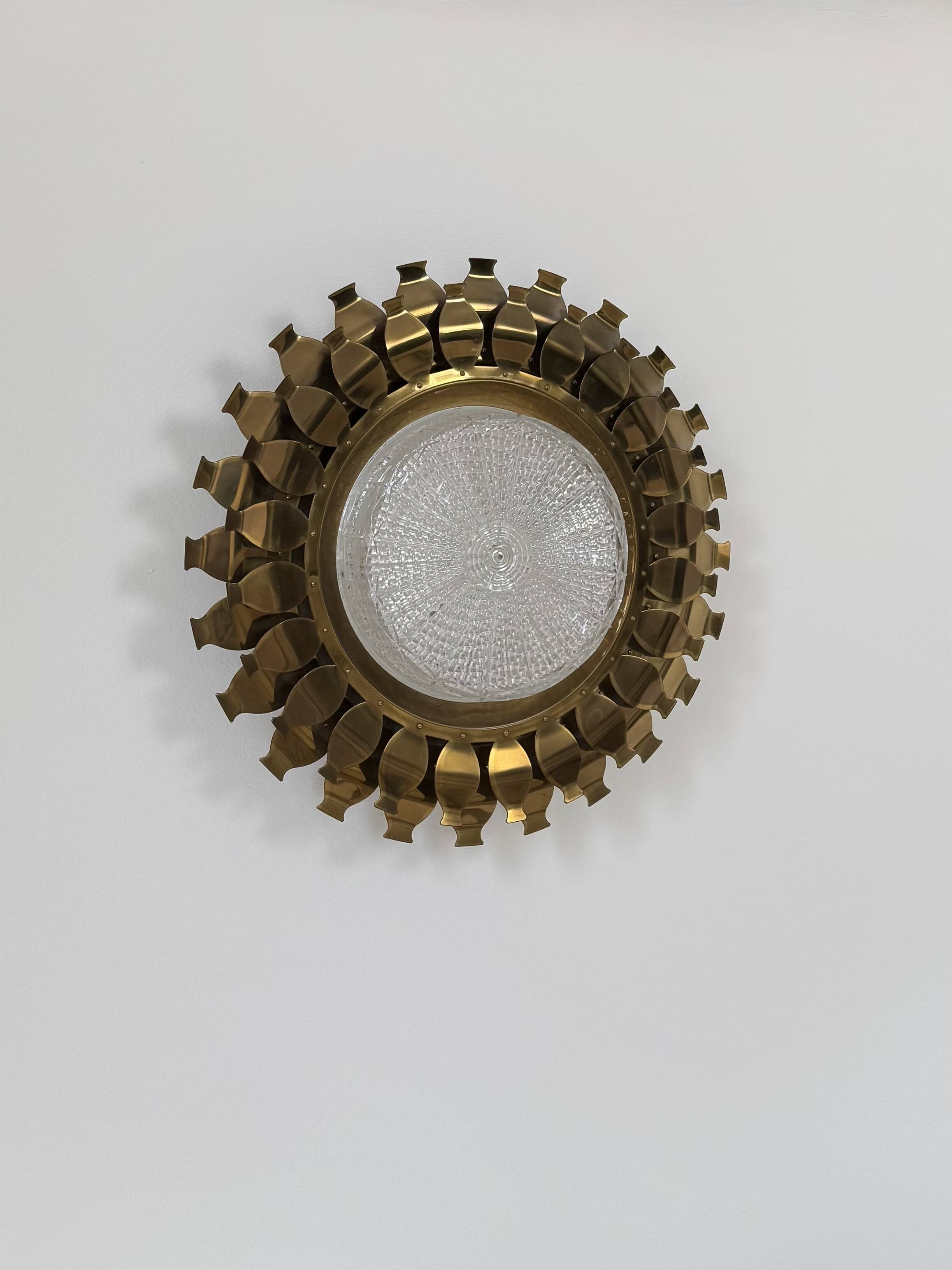 Vintage brass and pressed glass wall light, Sweden, 1960.