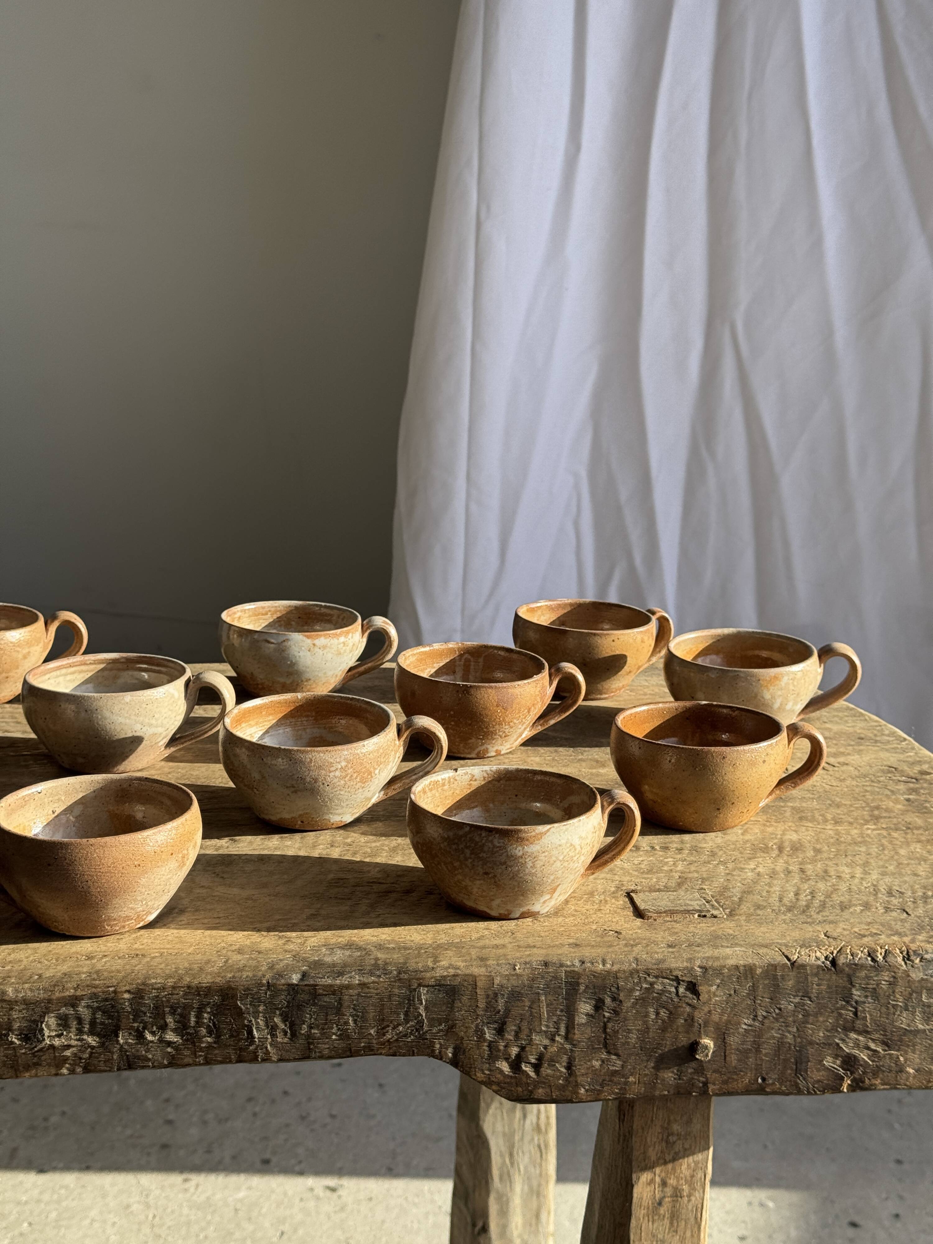 Set of 11 vintage coffee cups, raw matte stoneware H11
