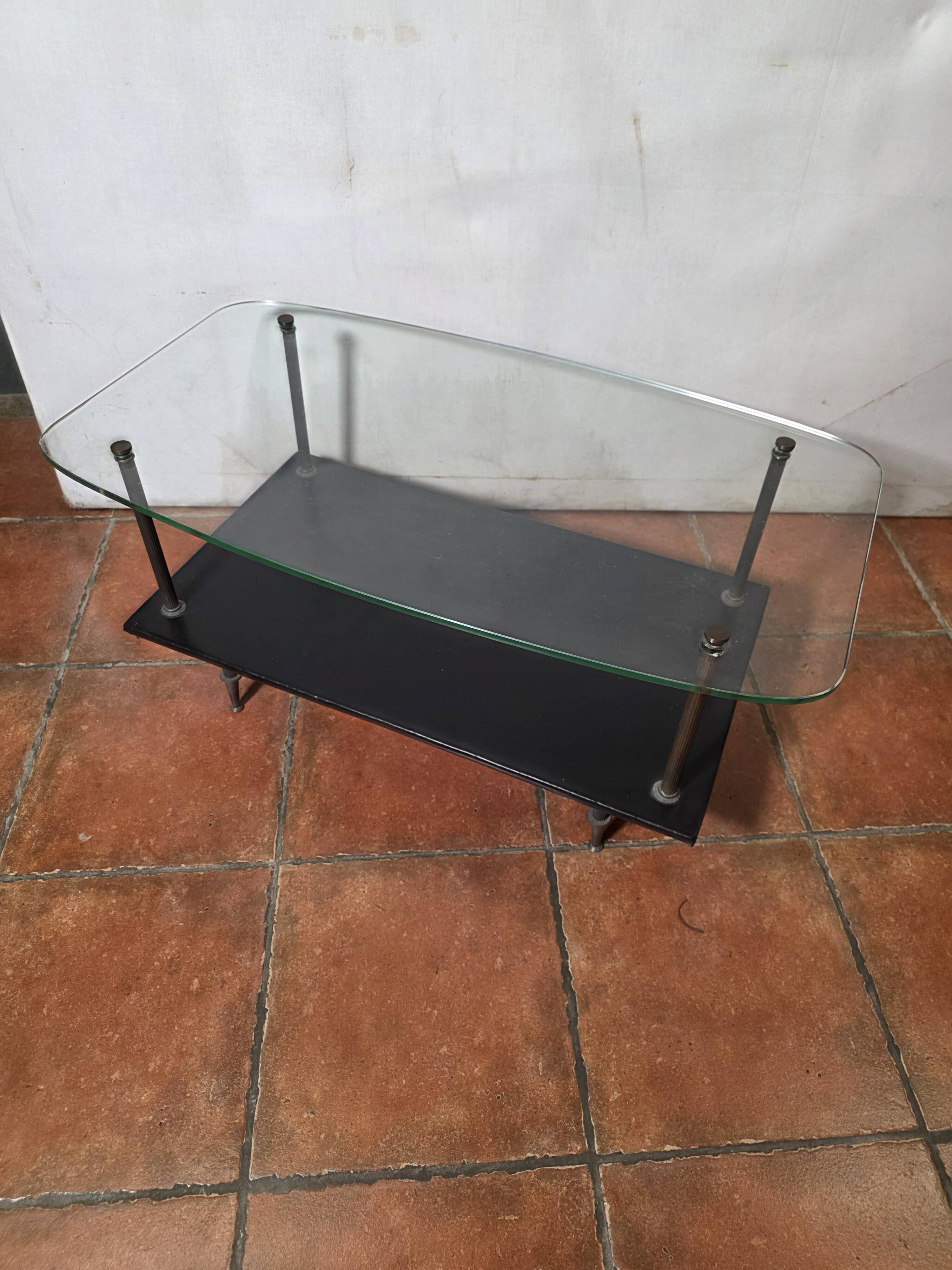 Vintage coffee table from the 1960s, glass, faux leather, brass.
