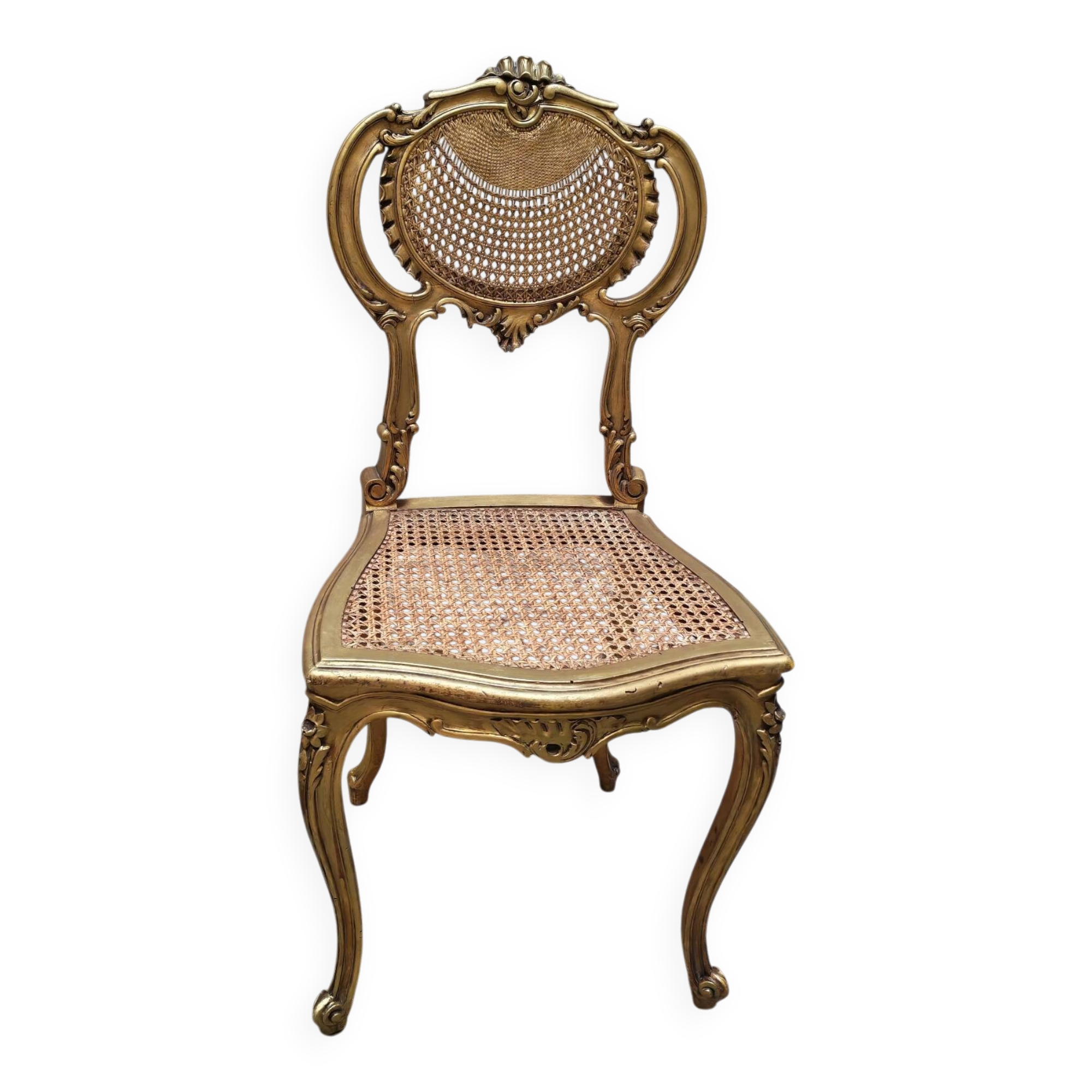 Antique rococo chair in gilded wood and caning