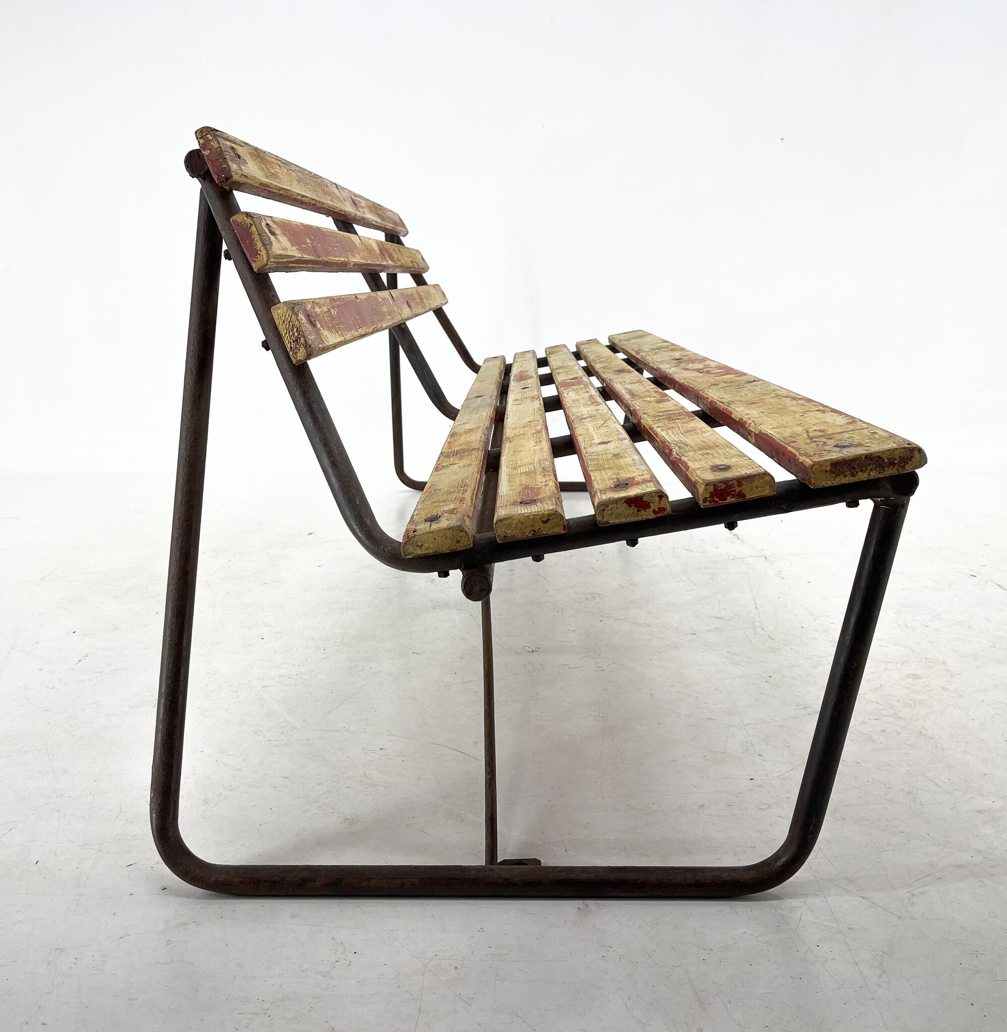 Vintage Industrial Slatted Bench with Original Patina