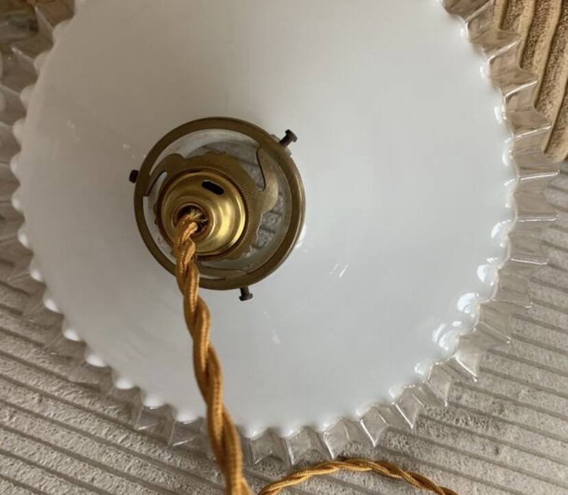 Old pairs of vintage white opaline pendant lights