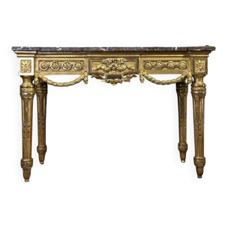 Console Louis XVI En Bois Doré, Marbre Gris Des Ardennes, XVIIIème Siècle