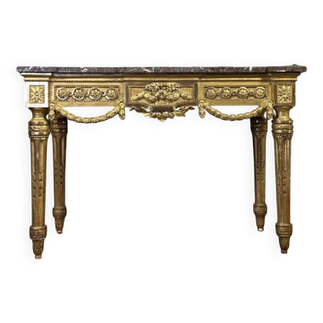 Louis XVI Console in Gilded Wood, Grey Ardennes Marble, 18th Century