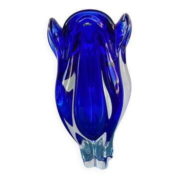 Vintage cobalt blue blown glass vase, organic shape from the 1960s.