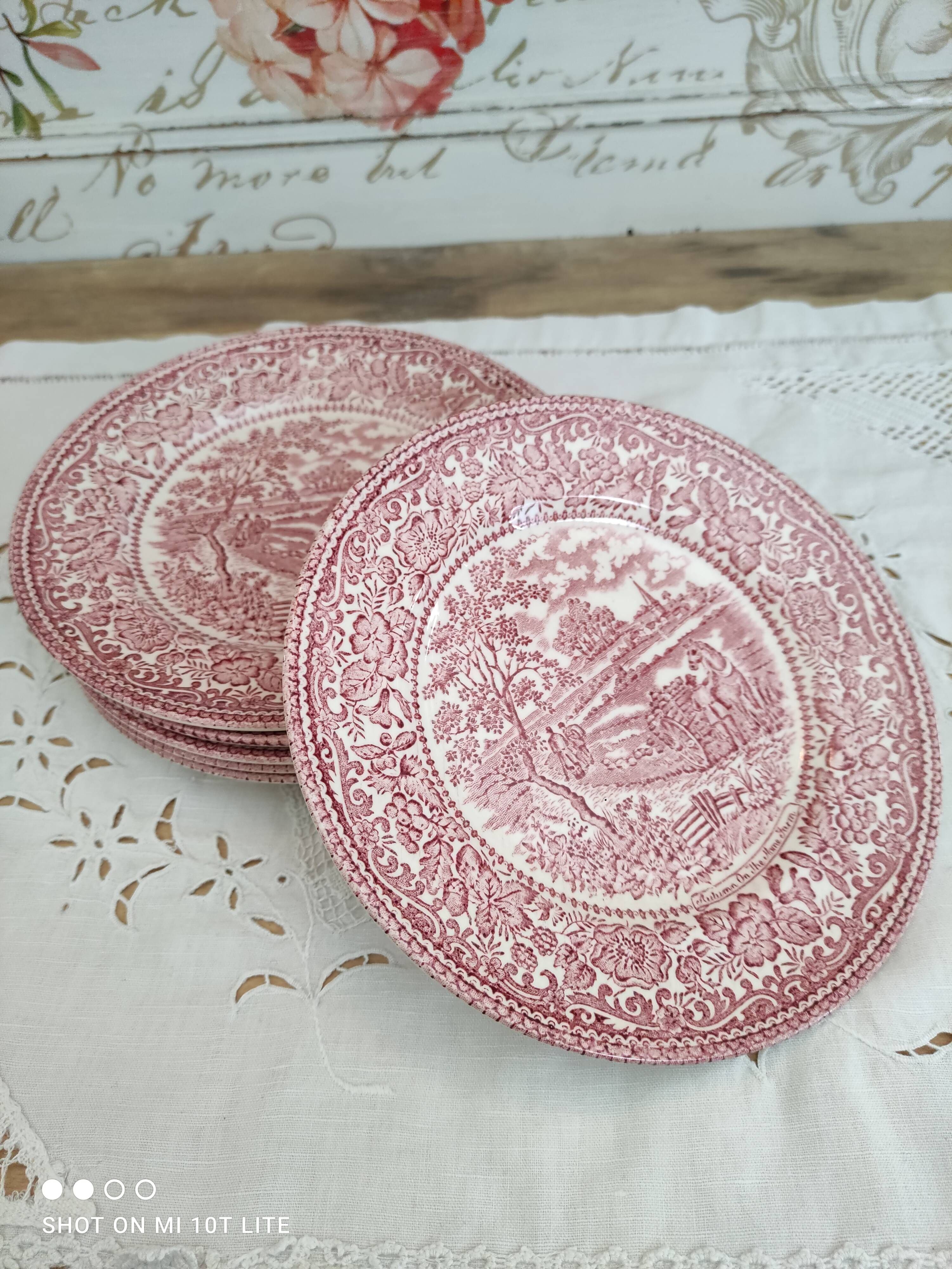 Set of 6 dessert plates in English porcelain red country décor