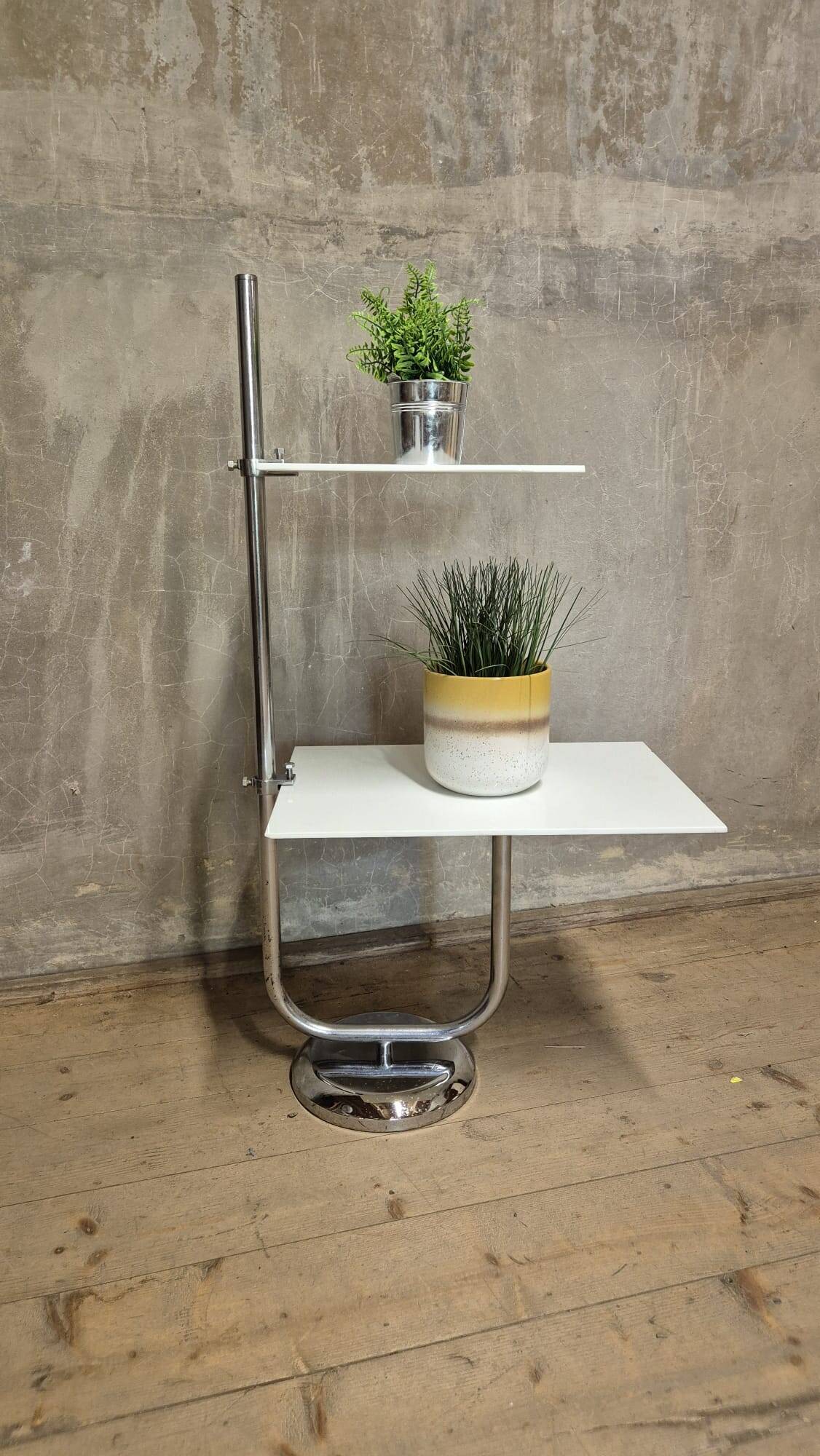 Vintage chrome flower stand with two white shelves, 1970s, Czechoslovakia, 35 × 54 × 100 cm