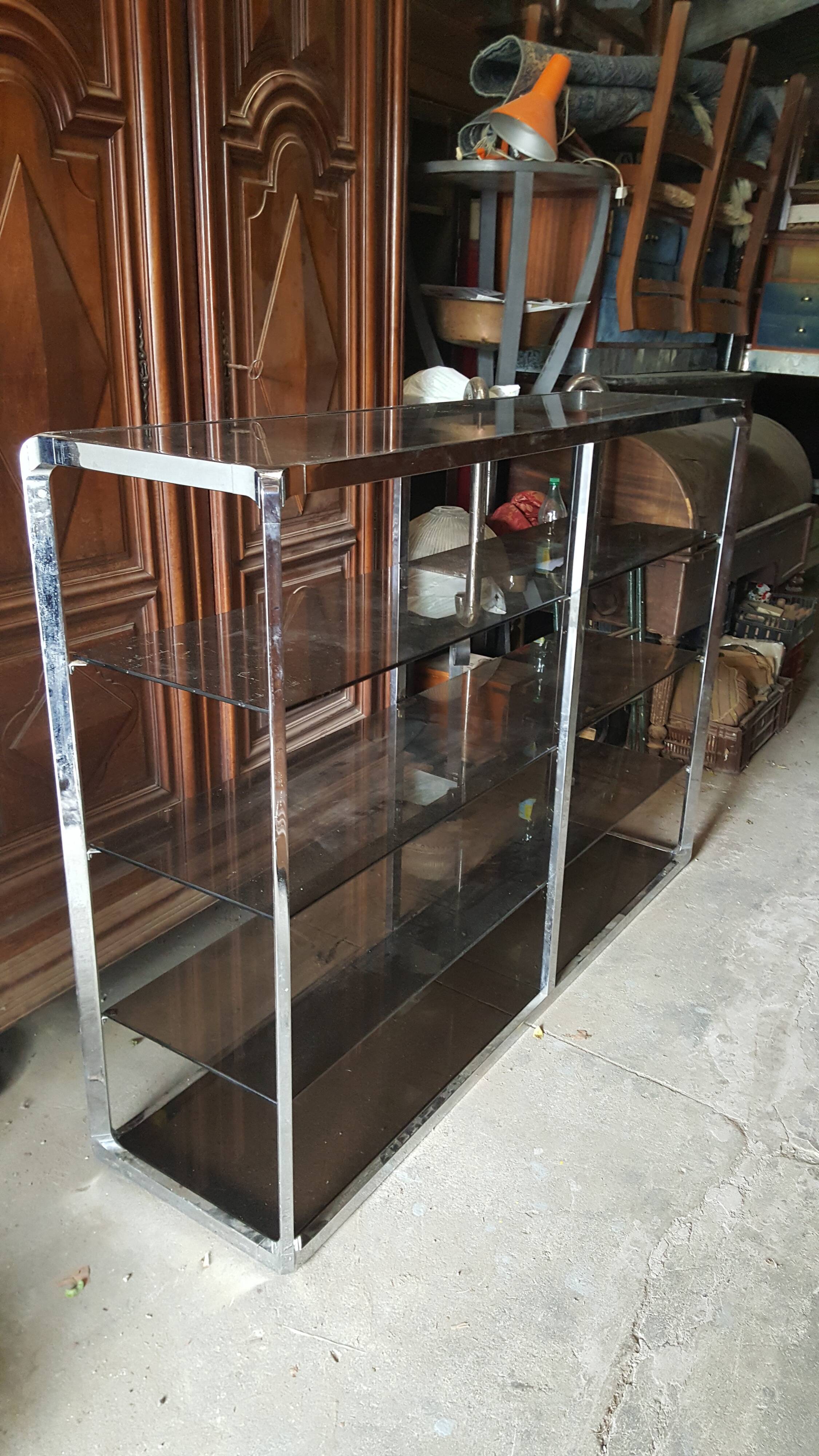 Large double shelf in chrome and smoked glass, 1970s, by Fratelli