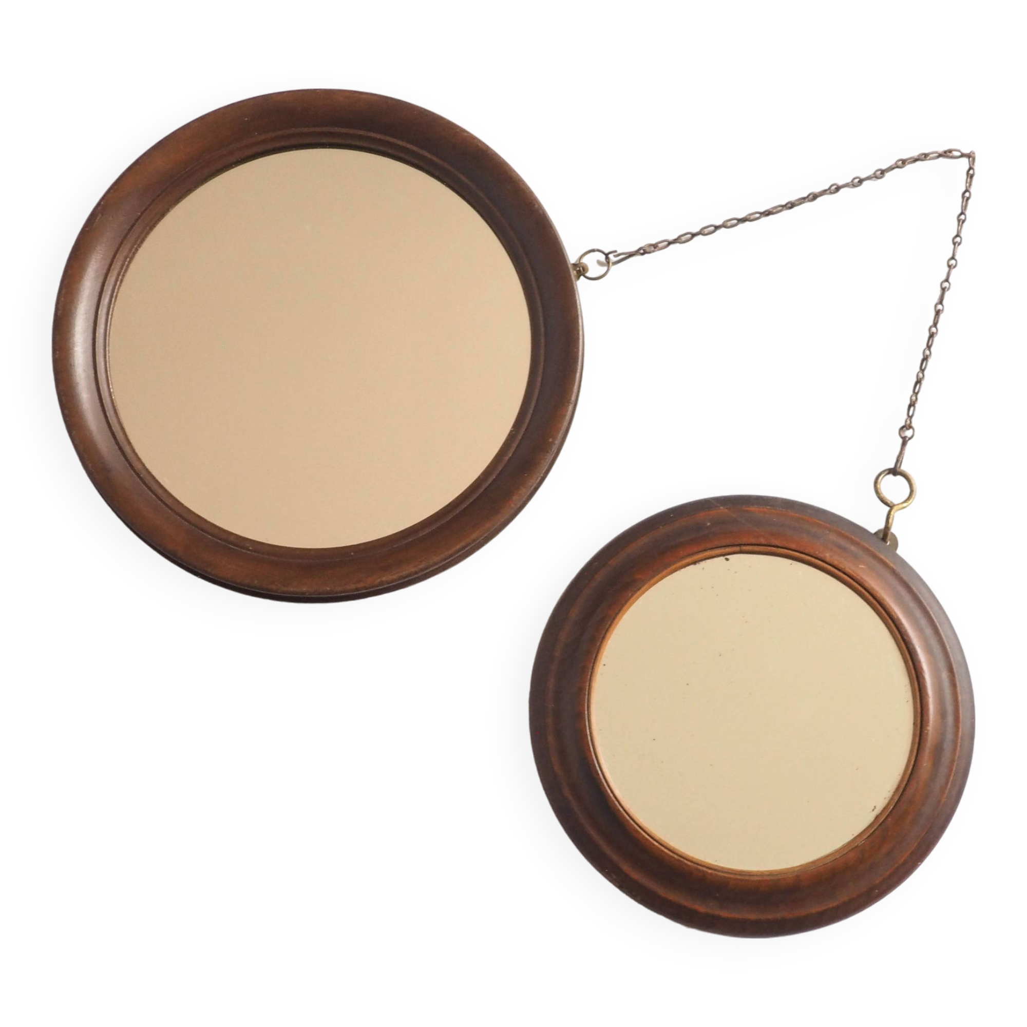 Duo old round wooden mirrors