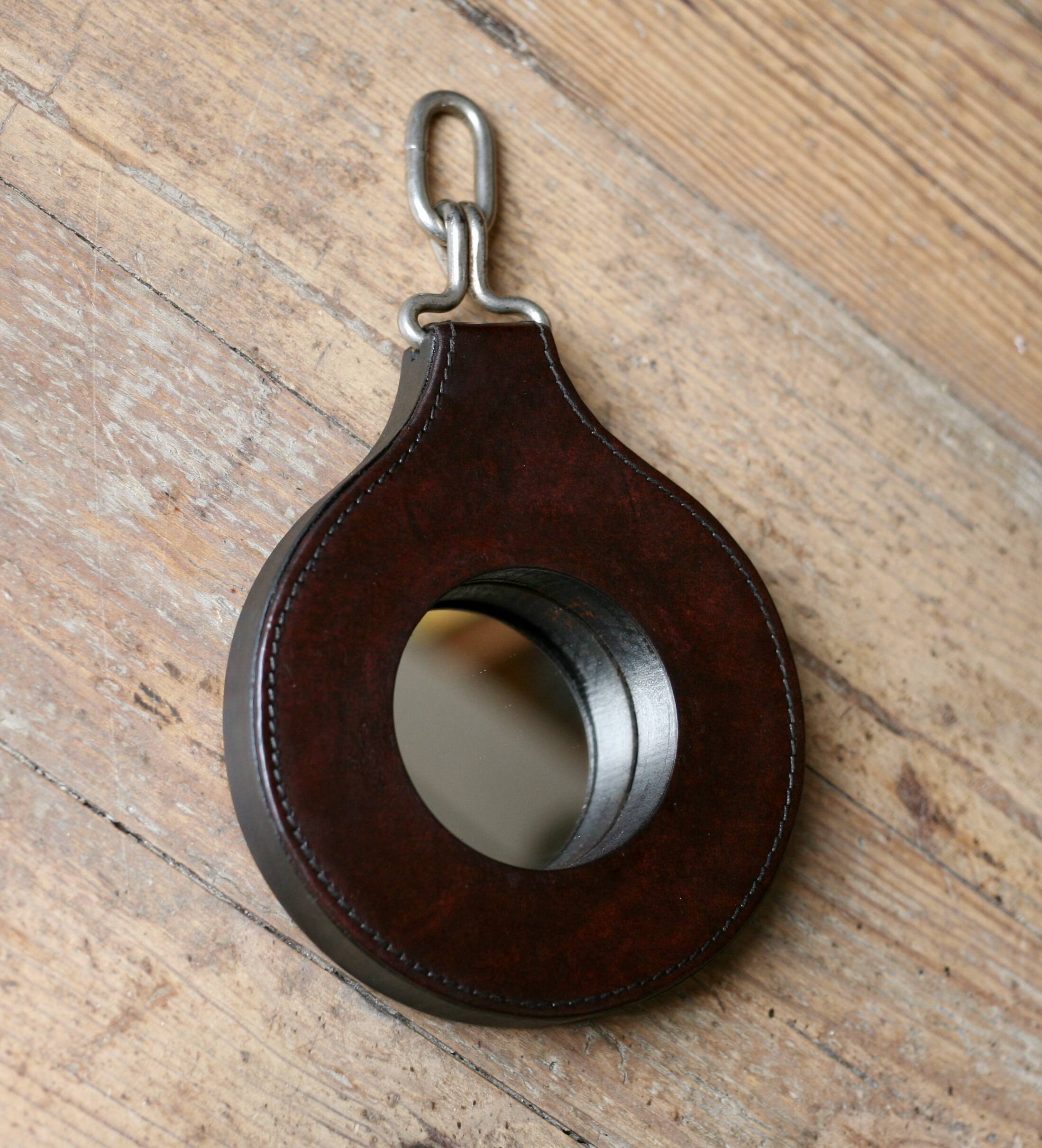 Lancel mirror, leather and wood, France 1960s