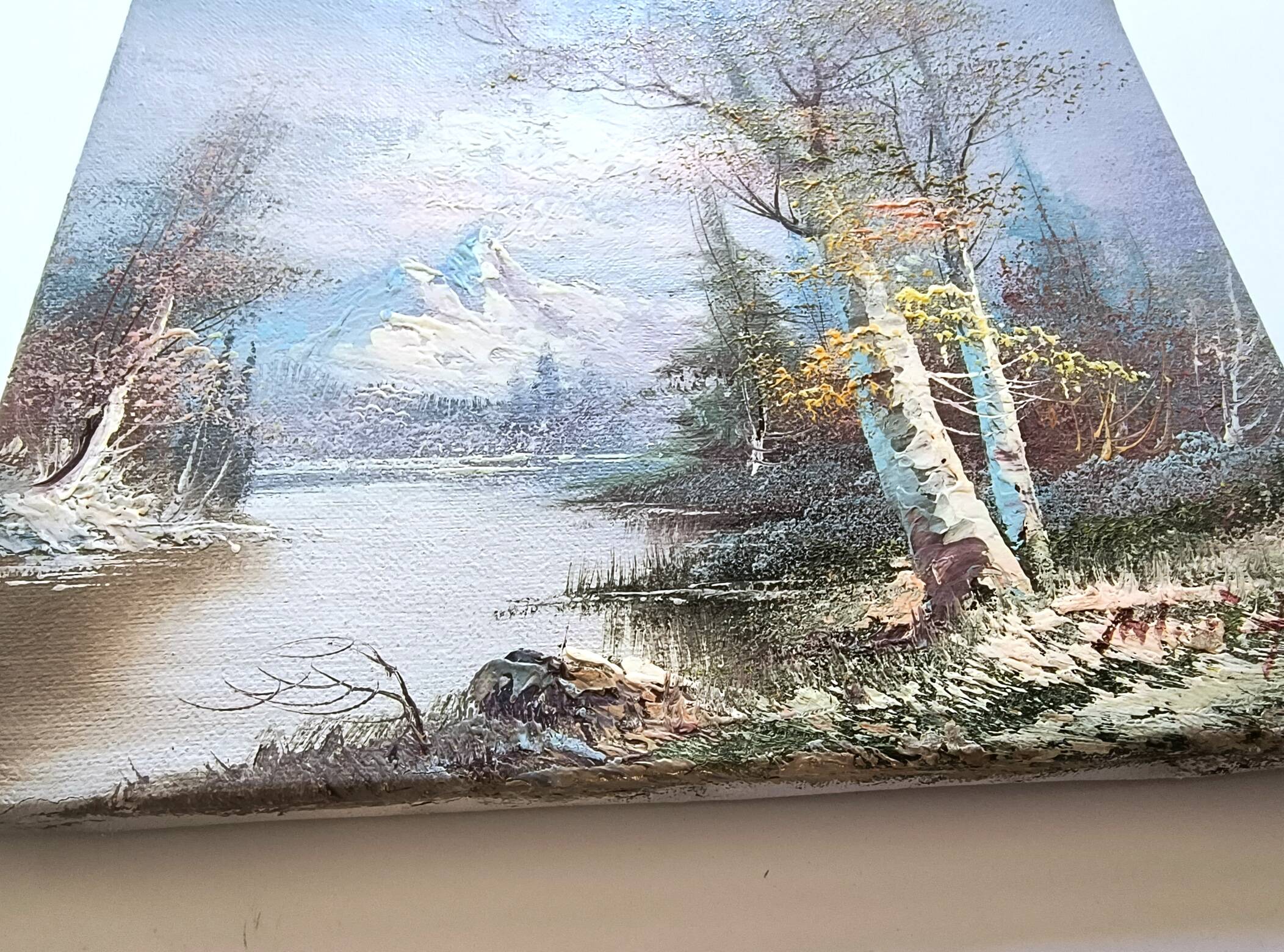 Vintage oil painting – Forest by the lake under a pastel sky